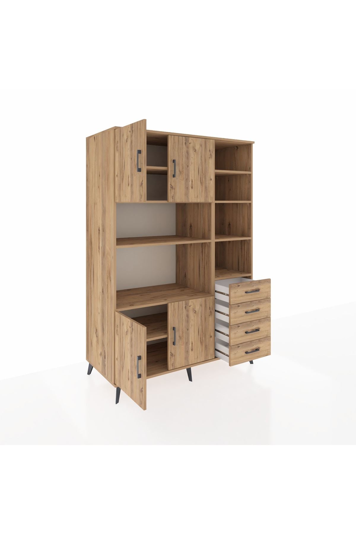 Kronos Dolap 9 Raflı 4 Çekmeceli 4 Kapaklı 132x59x195 Çam-Çam/Çam