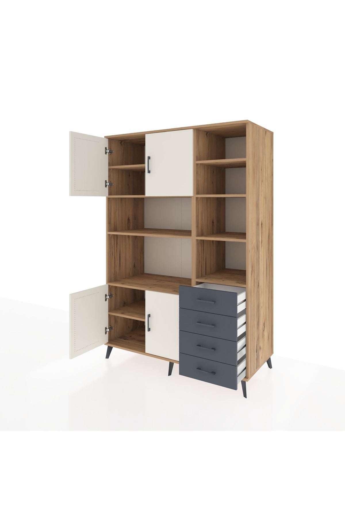 Kronos Dolap 9 Raflı 4 Çekmeceli 4 Kapaklı 132x59x195 Çam-Aytaşı/Antrasit