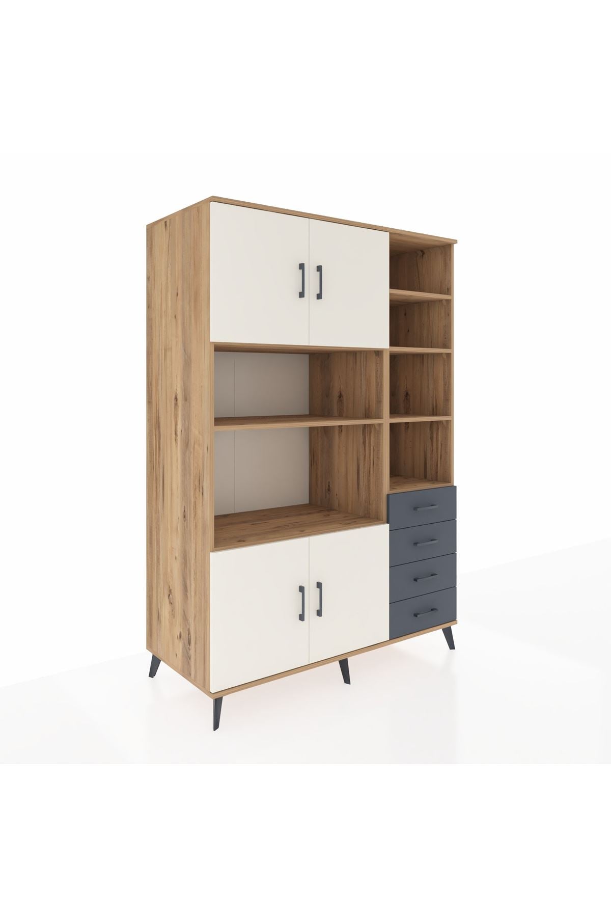 Kronos Dolap 9 Raflı 4 Çekmeceli 4 Kapaklı 132x59x195 Çam-Aytaşı/Antrasit