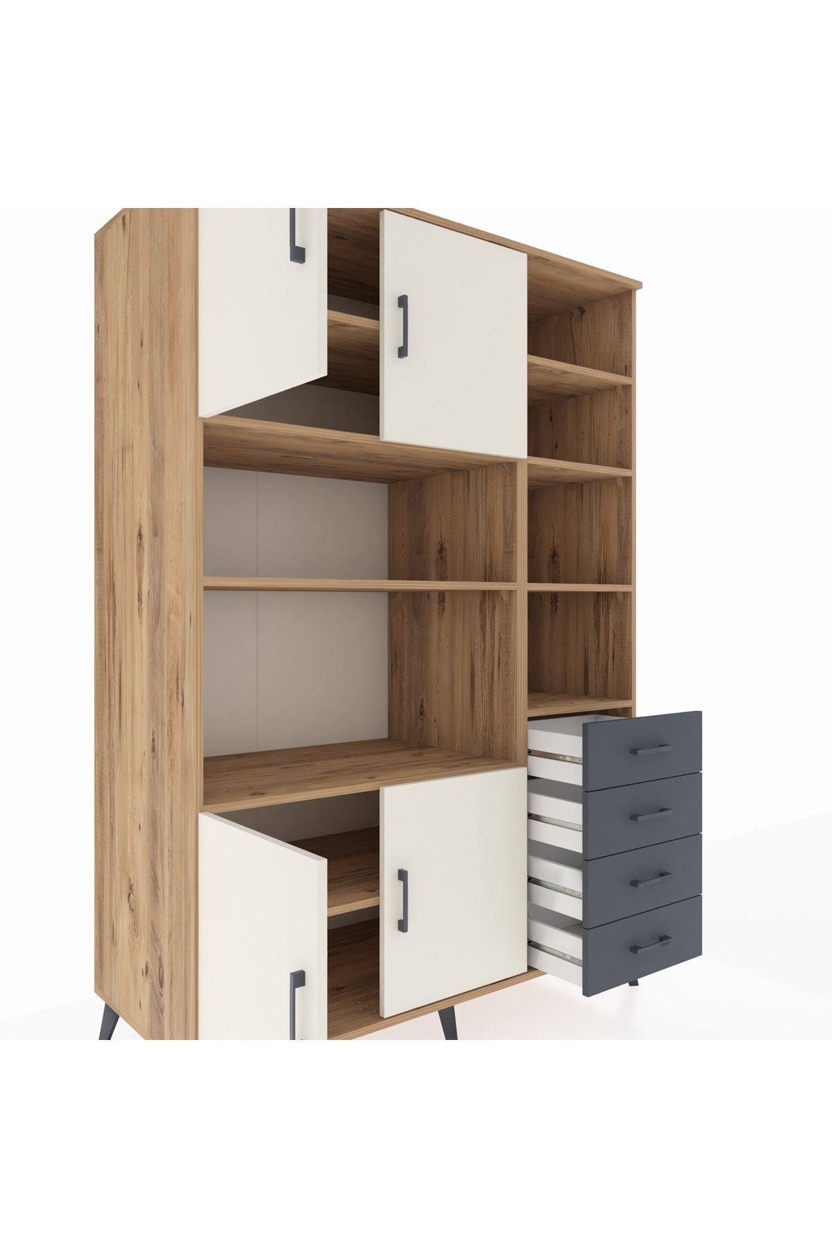 Kronos Dolap 9 Raflı 4 Çekmeceli 4 Kapaklı 132x59x195 Çam-Aytaşı/Antrasit