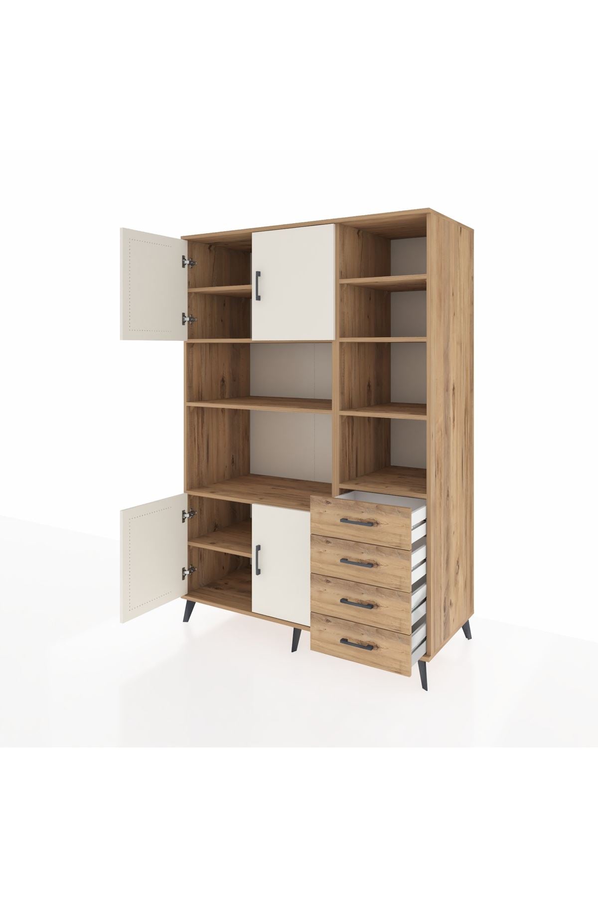 Kronos Dolap 9 Raflı 4 Çekmeceli 4 Kapaklı 132x59x195 Çam-Aytaşı/Çam