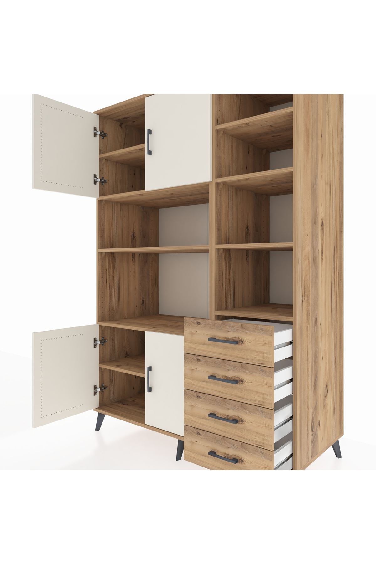 Kronos Dolap 9 Raflı 4 Çekmeceli 4 Kapaklı 132x59x195 Çam-Aytaşı/Çam