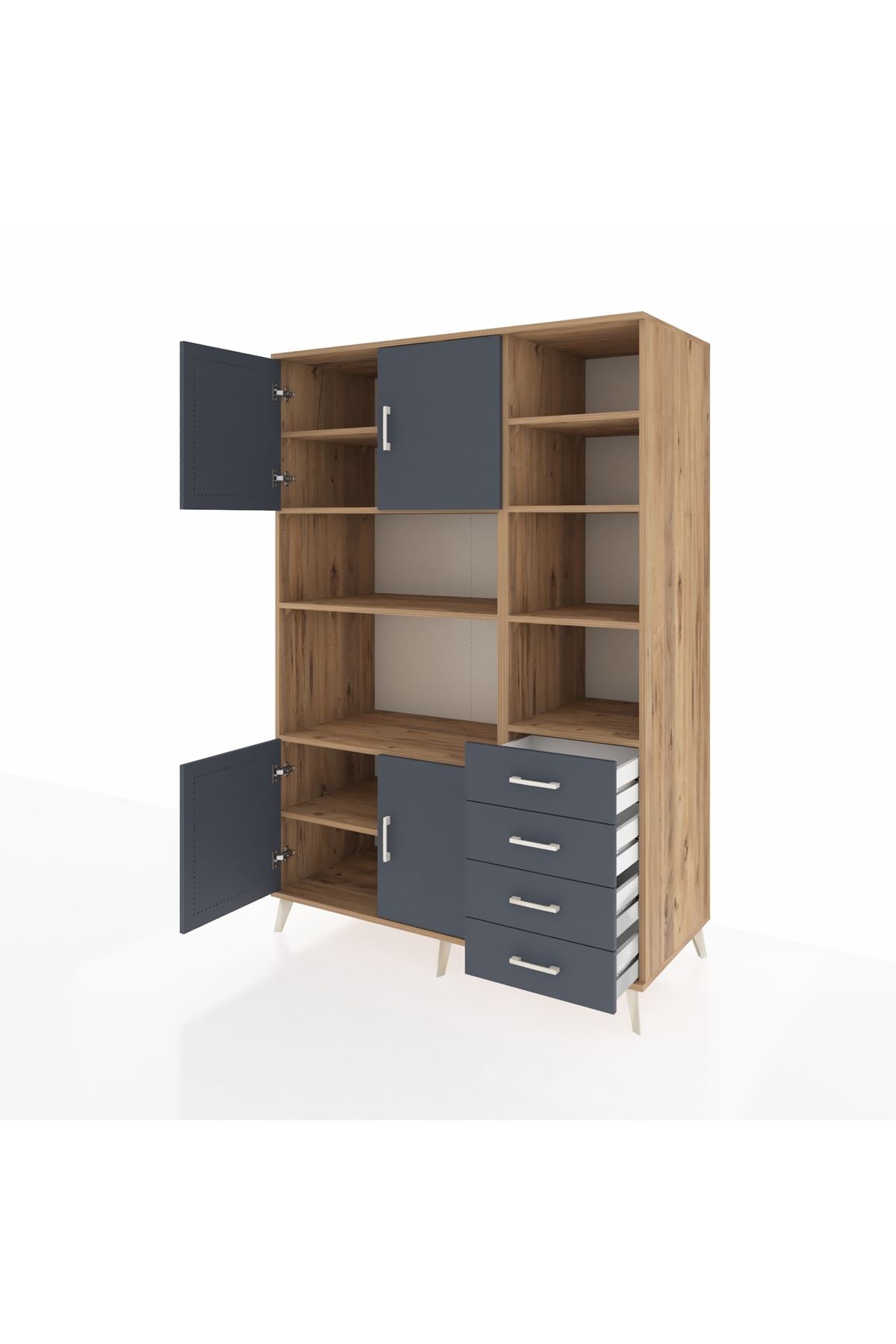 Kronos Dolap 9 Raflı 4 Çekmeceli 4 Kapaklı 132x59x195 Çam-Antrasit/Antrasit