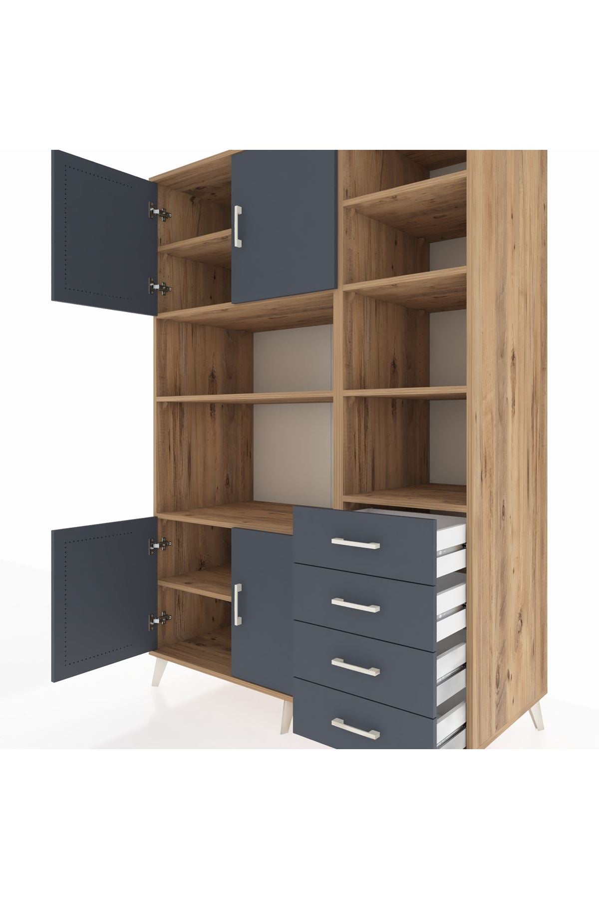 Kronos Dolap 9 Raflı 4 Çekmeceli 4 Kapaklı 132x59x195 Çam-Antrasit/Antrasit