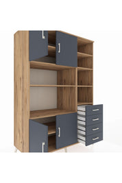 Kronos Dolap 9 Raflı 4 Çekmeceli 4 Kapaklı 132x59x195 Çam-Antrasit/Antrasit