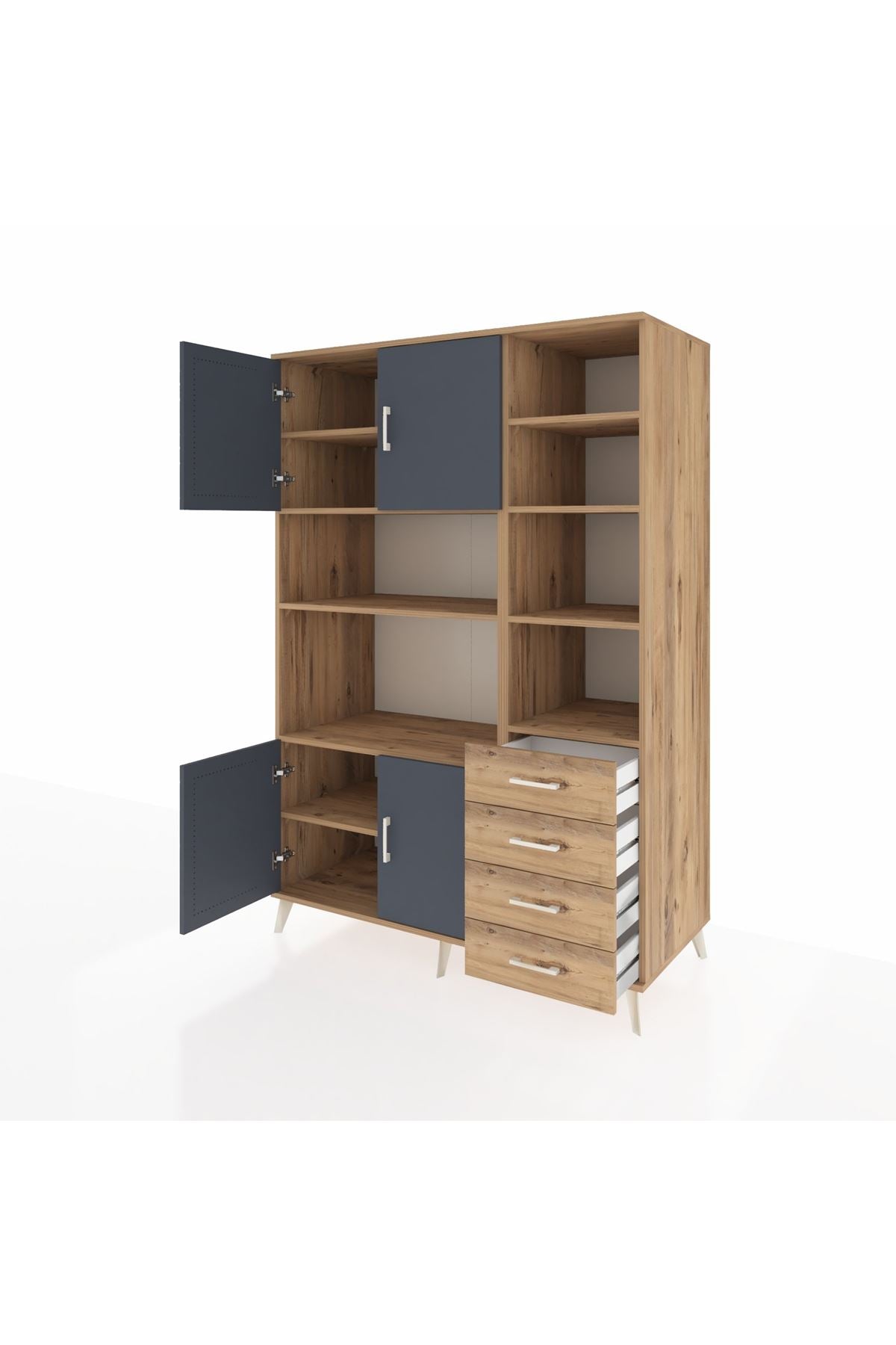 Kronos Dolap 9 Raflı 4 Çekmeceli 4 Kapaklı 132x59x195 Çam-Antrasit/Çam