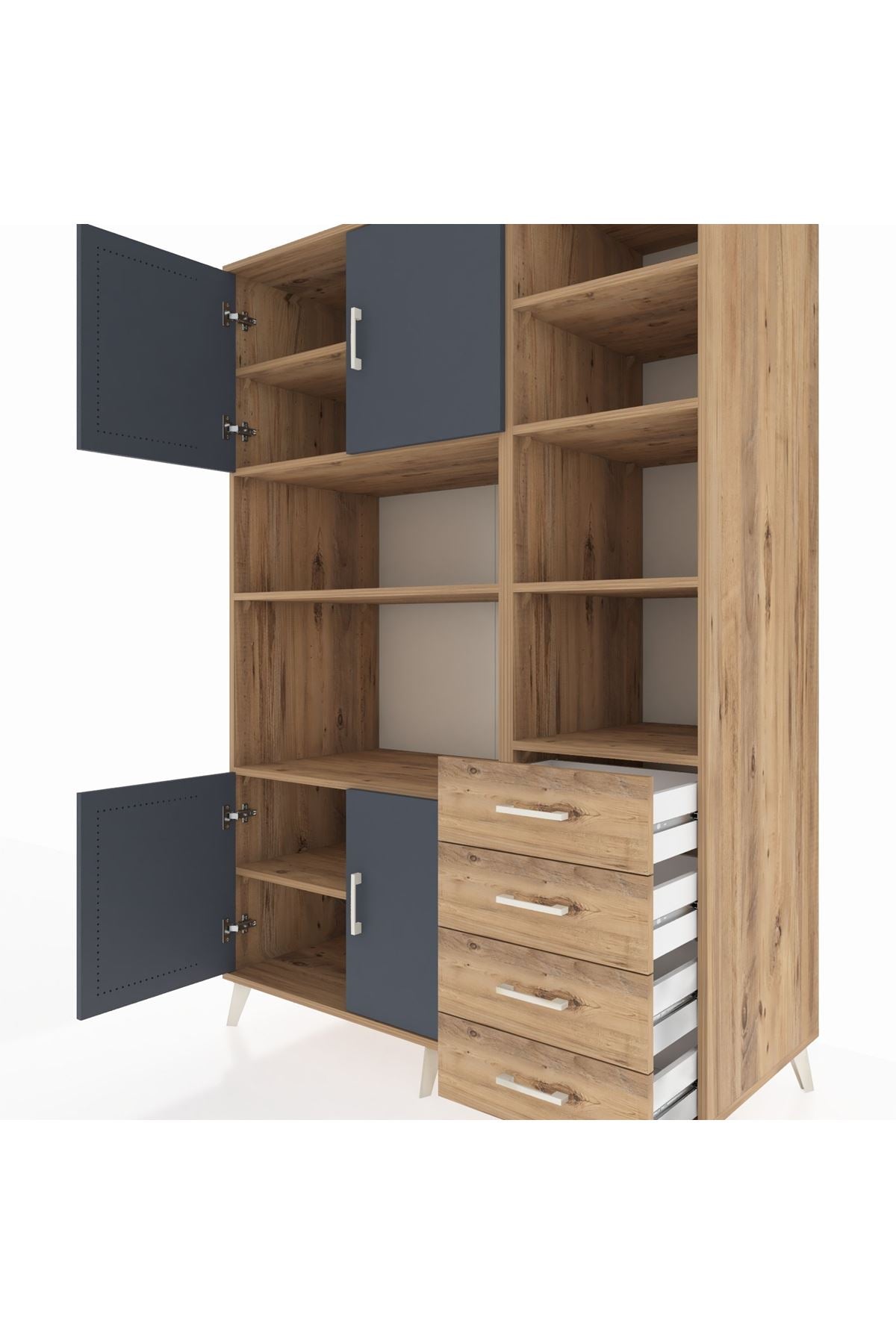 Kronos Dolap 9 Raflı 4 Çekmeceli 4 Kapaklı 132x59x195 Çam-Antrasit/Çam