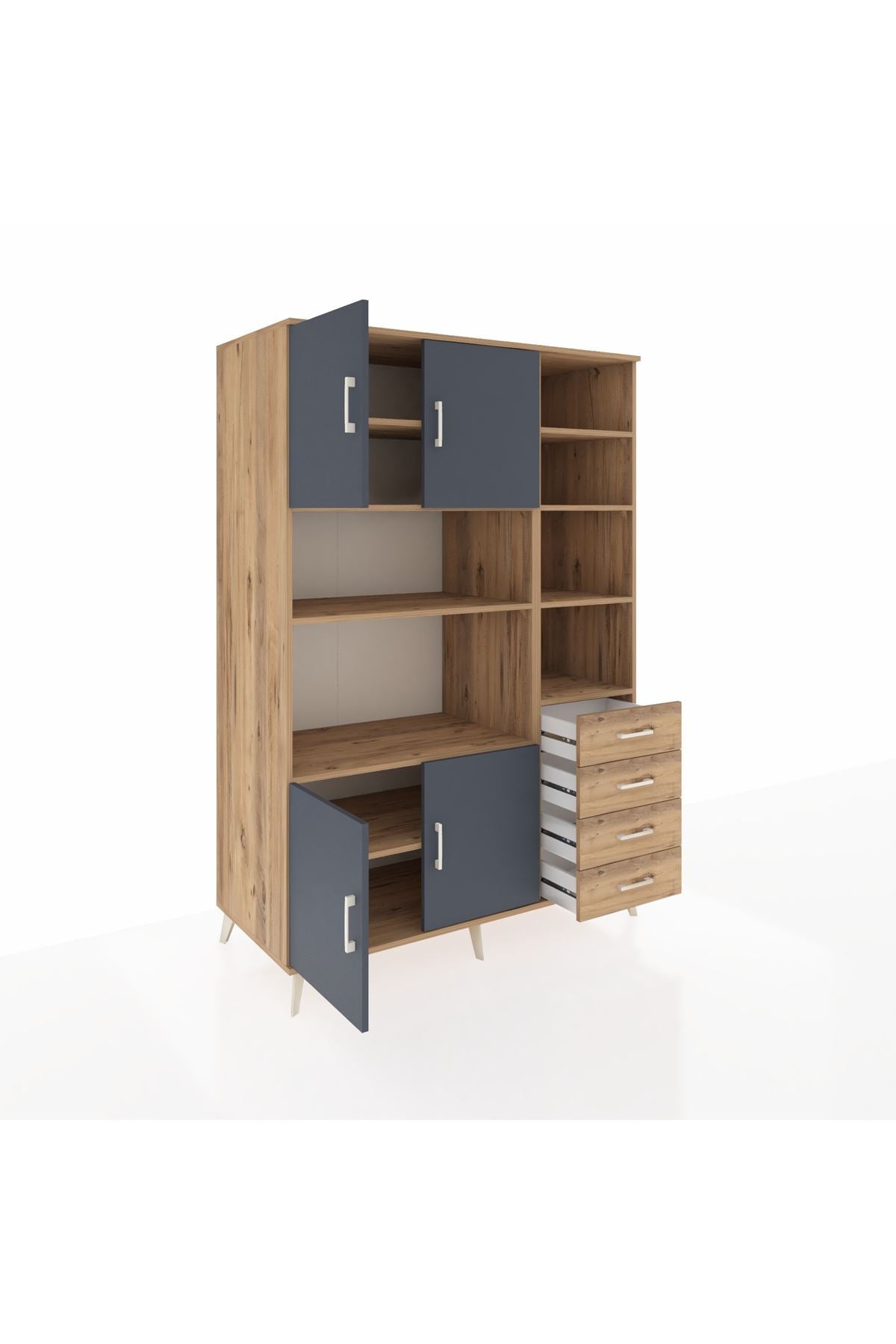 Kronos Dolap 9 Raflı 4 Çekmeceli 4 Kapaklı 132x59x195 Çam-Antrasit/Çam