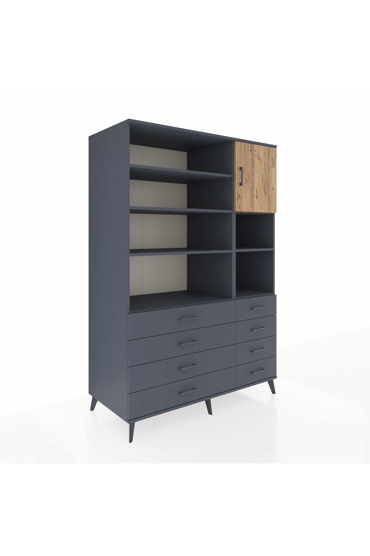 Kronos Dolap 8 Raflı 8 Çekmeceli Tek Kapaklı 132x59x195 Antrasit-Çam/Antrasit