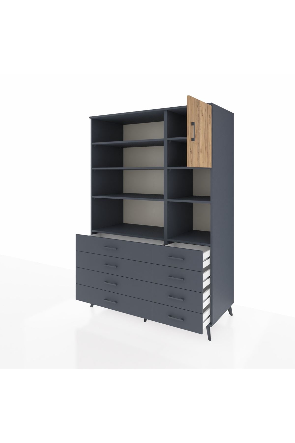 Kronos Dolap 8 Raflı 8 Çekmeceli Tek Kapaklı 132x59x195 Antrasit-Çam/Antrasit