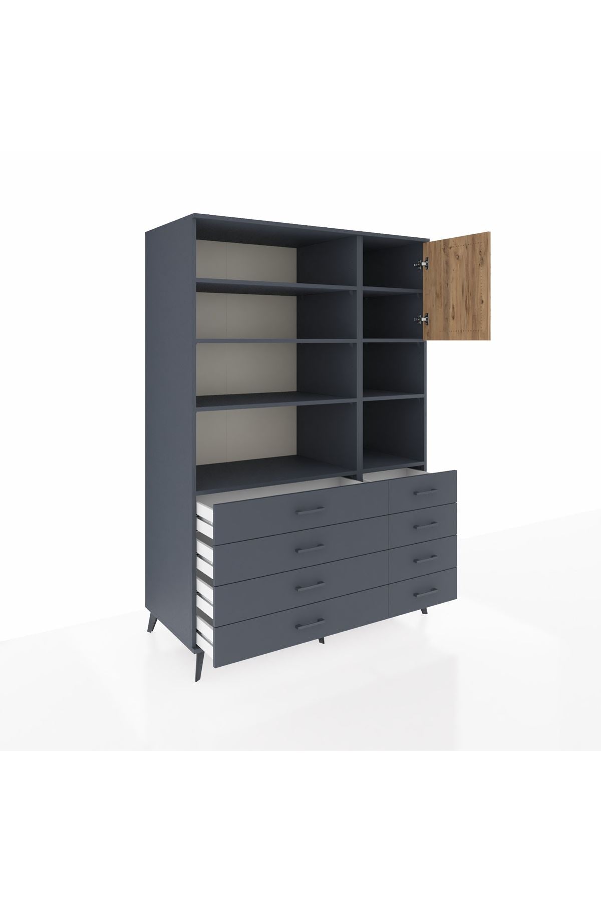 Kronos Dolap 8 Raflı 8 Çekmeceli Tek Kapaklı 132x59x195 Antrasit-Çam/Antrasit