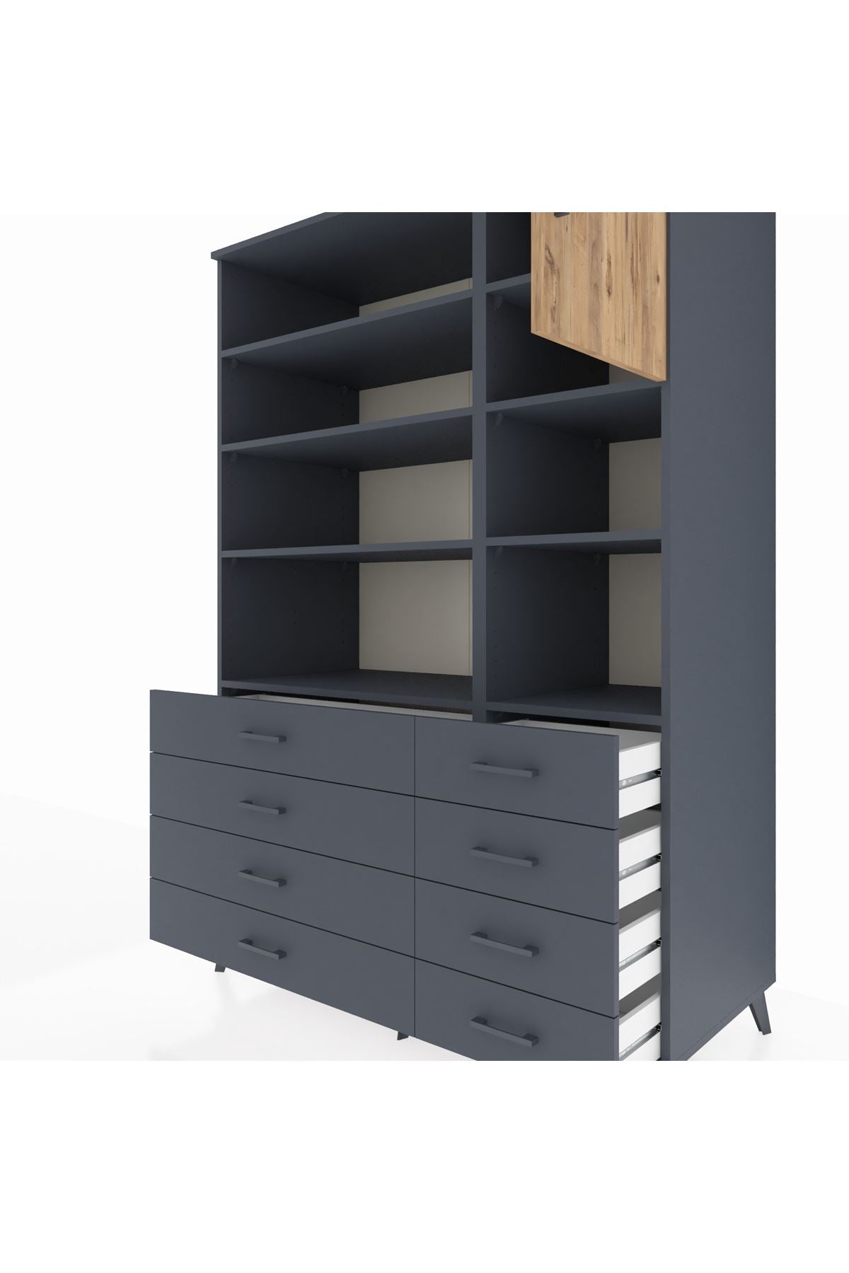 Kronos Dolap 8 Raflı 8 Çekmeceli Tek Kapaklı 132x59x195 Antrasit-Çam/Antrasit