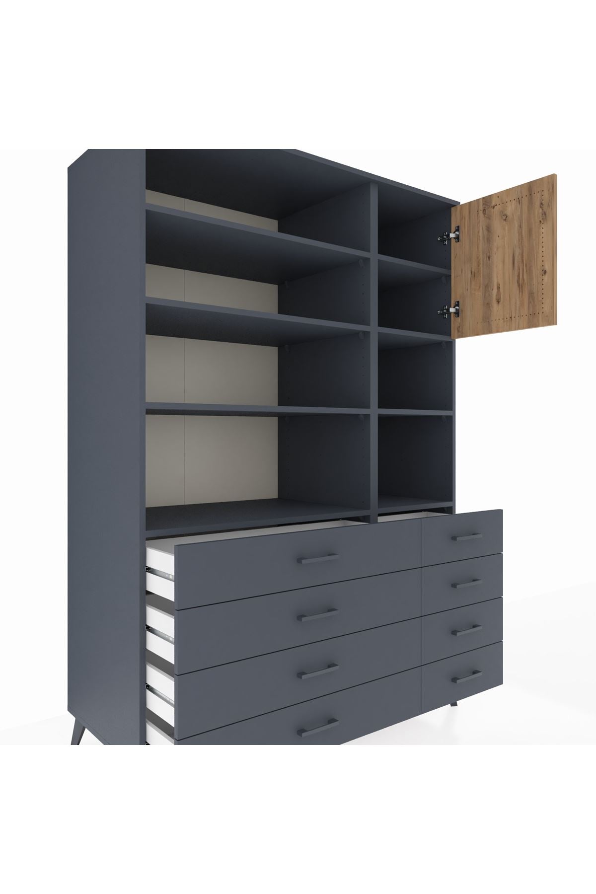 Kronos Dolap 8 Raflı 8 Çekmeceli Tek Kapaklı 132x59x195 Antrasit-Çam/Antrasit