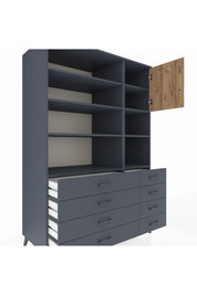 Kronos Dolap 8 Raflı 8 Çekmeceli Tek Kapaklı 132x59x195 Antrasit-Çam/Antrasit