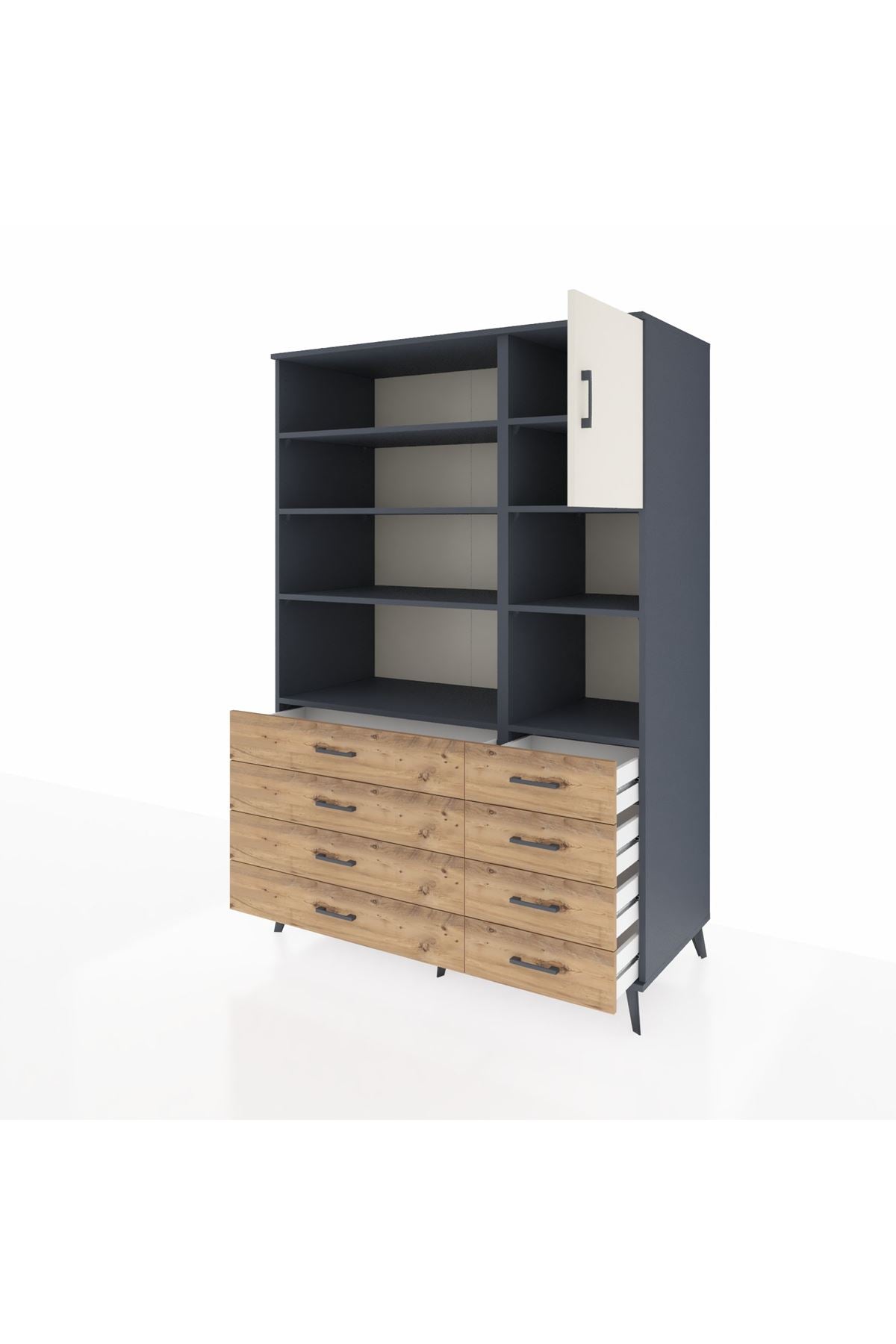Kronos Dolap 8 Raflı 8 Çekmeceli Tek Kapaklı 132x59x195 Antrasit-Aytaşı/Çam