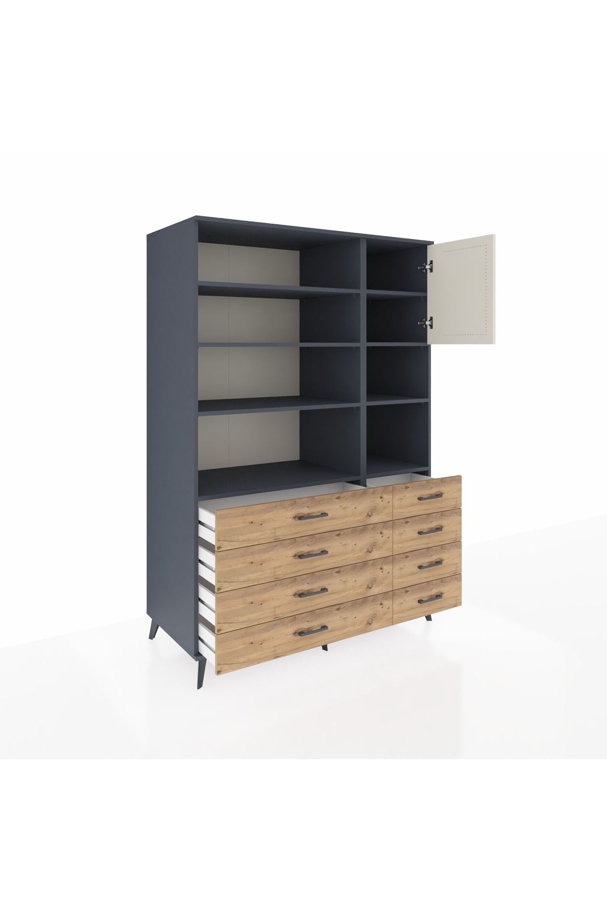 Kronos Dolap 8 Raflı 8 Çekmeceli Tek Kapaklı 132x59x195 Antrasit-Aytaşı/Çam