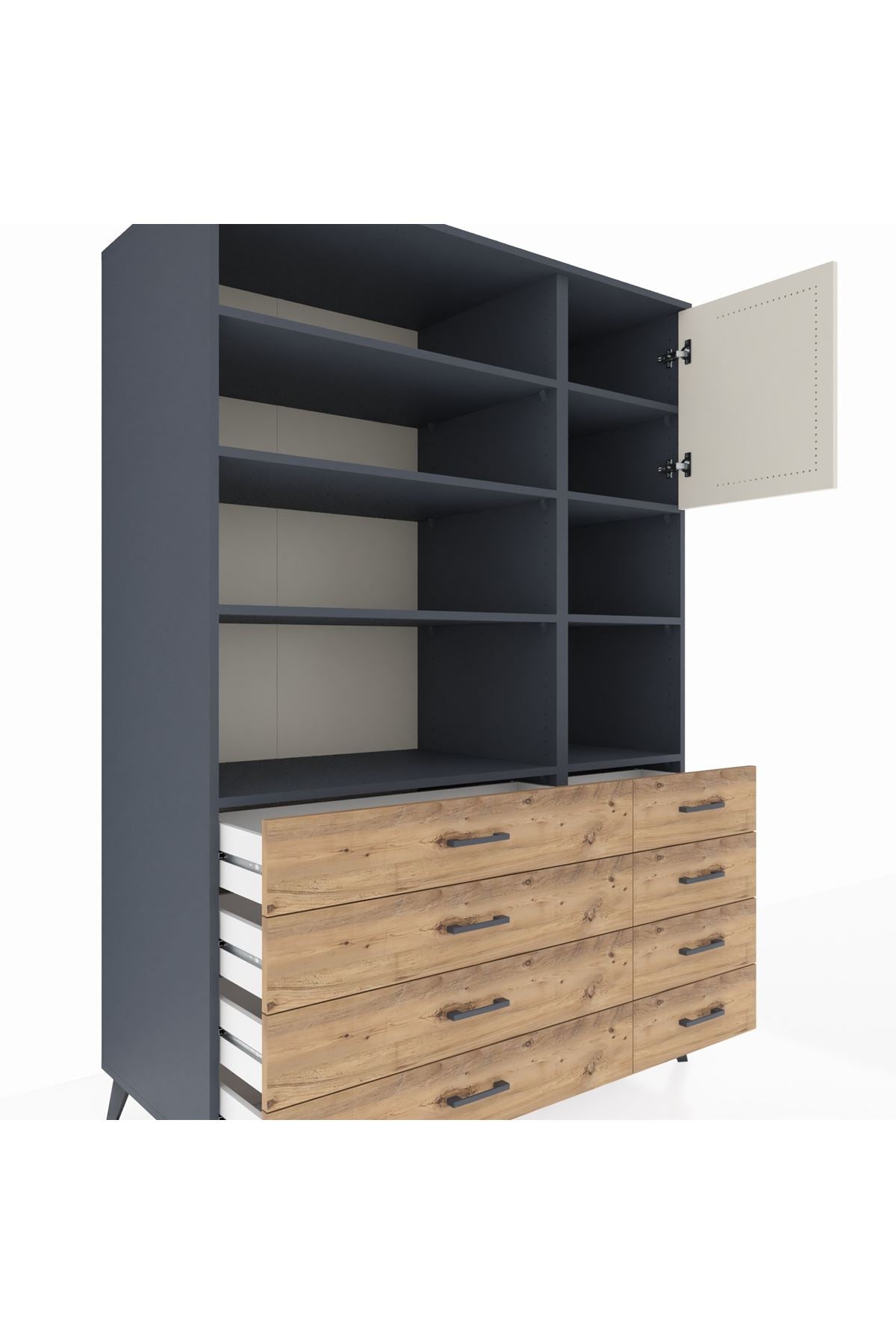 Kronos Dolap 8 Raflı 8 Çekmeceli Tek Kapaklı 132x59x195 Antrasit-Aytaşı/Çam