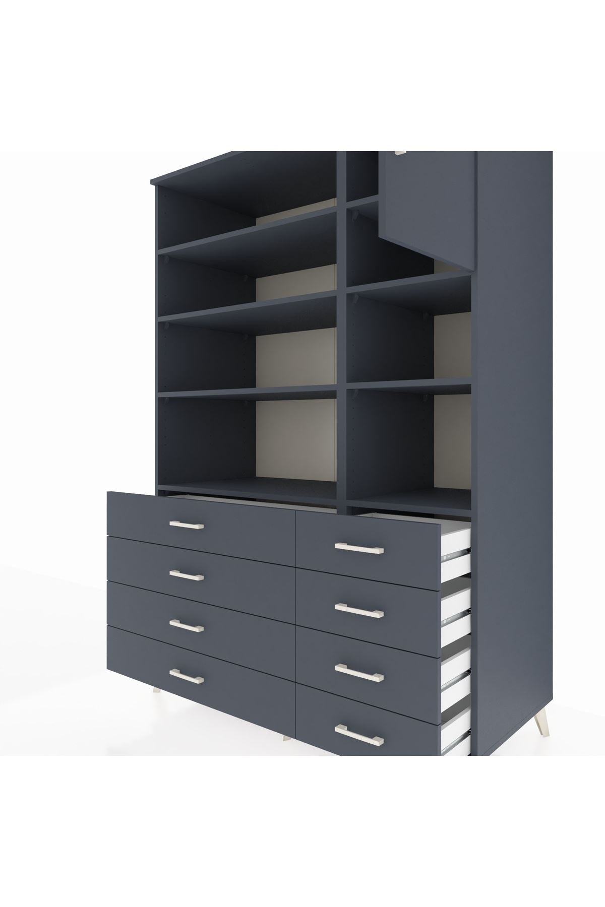 Kronos Dolap 8 Raflı 8 Çekmeceli Tek Kapaklı 132x59x195 Antrasit-Antrasit/Antrasit