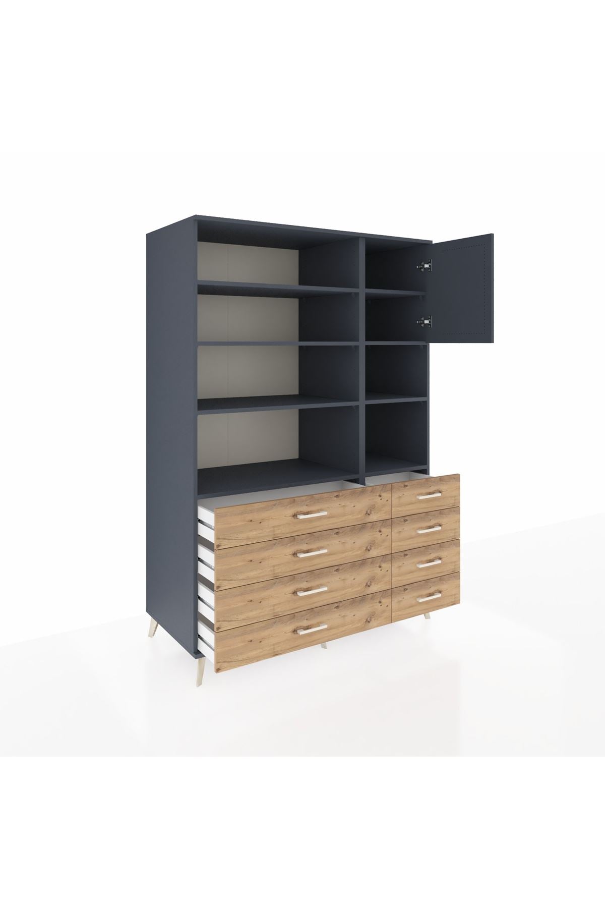 Kronos Dolap 8 Raflı 8 Çekmeceli Tek Kapaklı 132x59x195 Antrasit-Antrasit/Çam