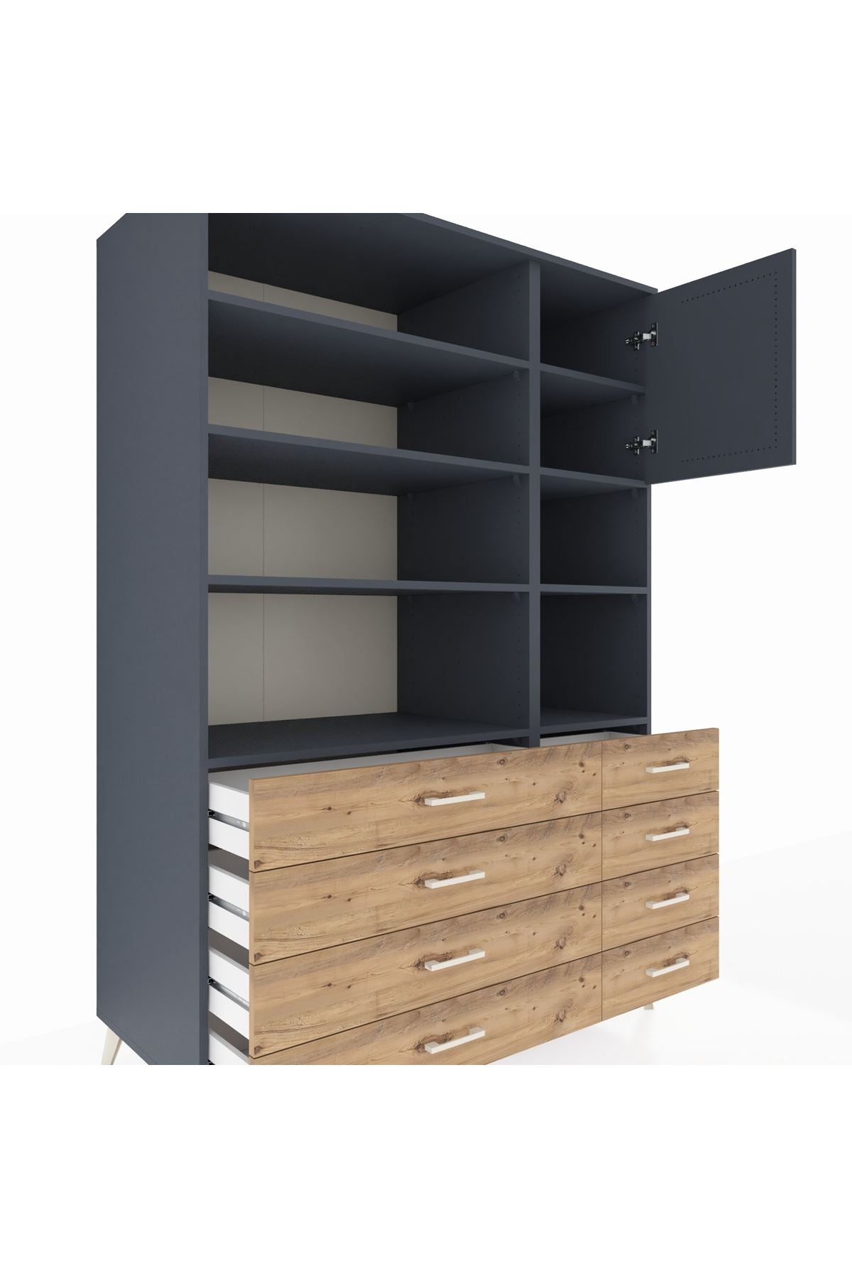 Kronos Dolap 8 Raflı 8 Çekmeceli Tek Kapaklı 132x59x195 Antrasit-Antrasit/Çam