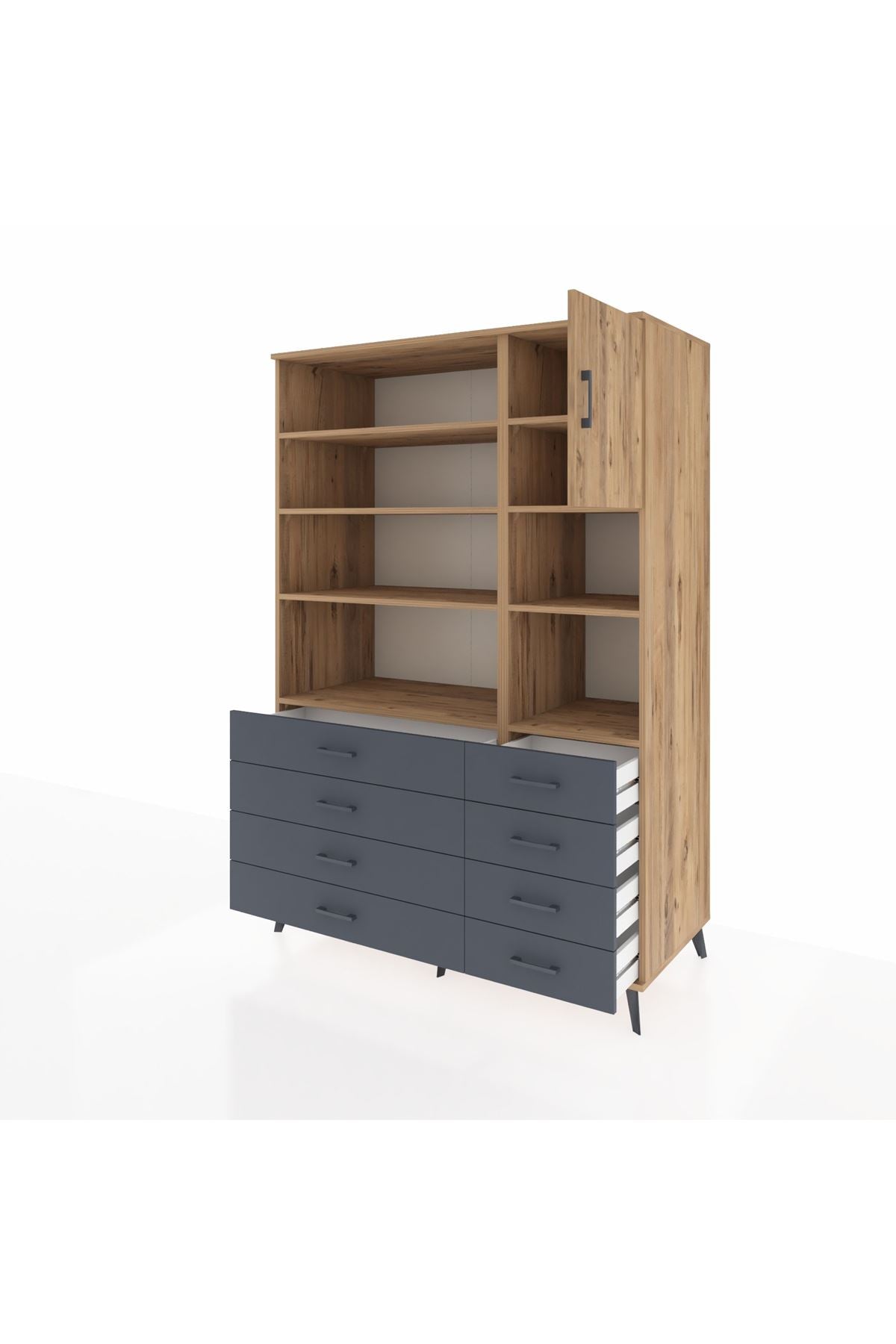 Kronos Dolap 8 Raflı 8 Çekmeceli Tek Kapaklı 132x59x195 Çam-Çam/Antrasit