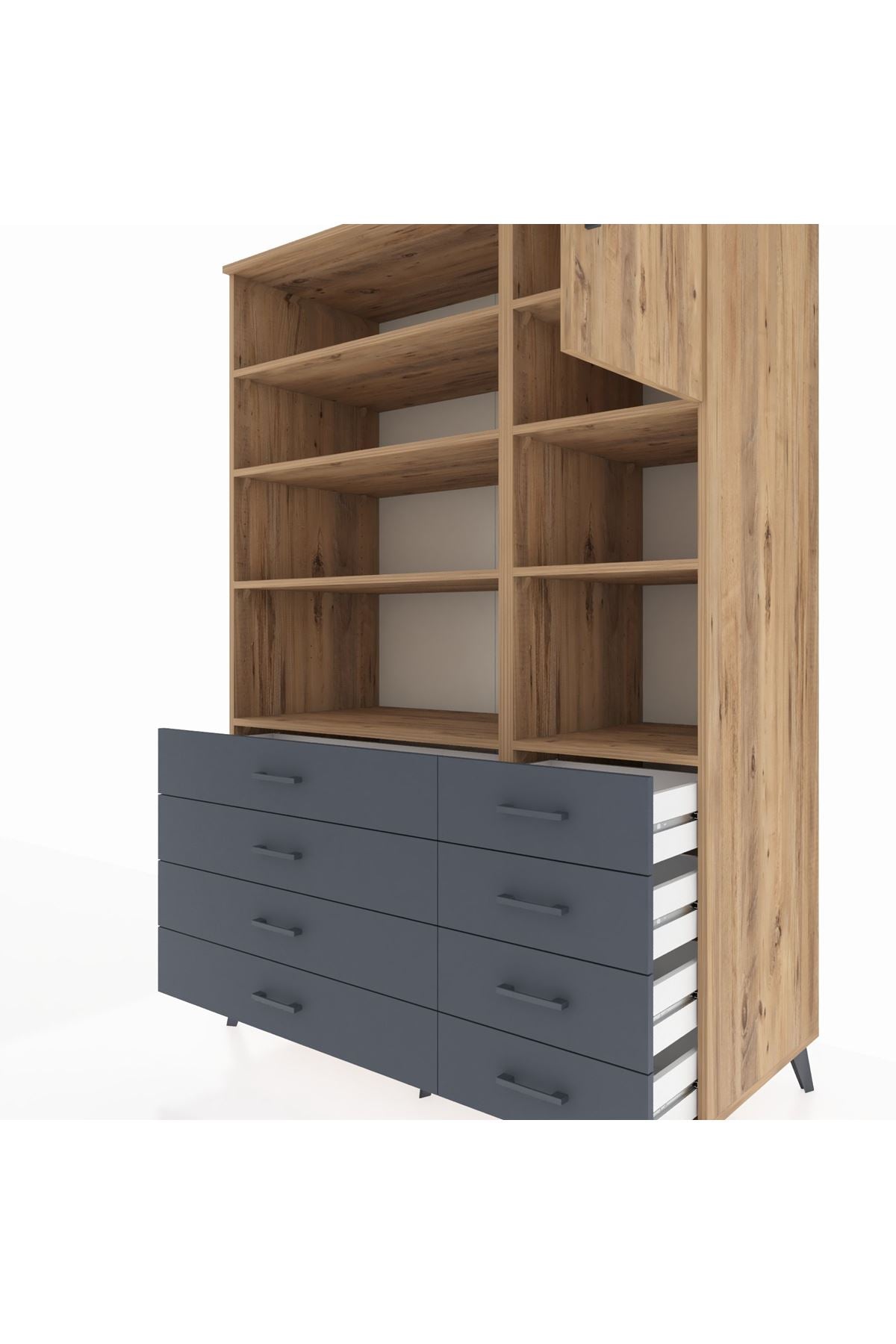 Kronos Dolap 8 Raflı 8 Çekmeceli Tek Kapaklı 132x59x195 Çam-Çam/Antrasit