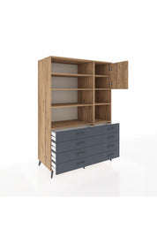 Kronos Dolap 8 Raflı 8 Çekmeceli Tek Kapaklı 132x59x195 Çam-Çam/Antrasit