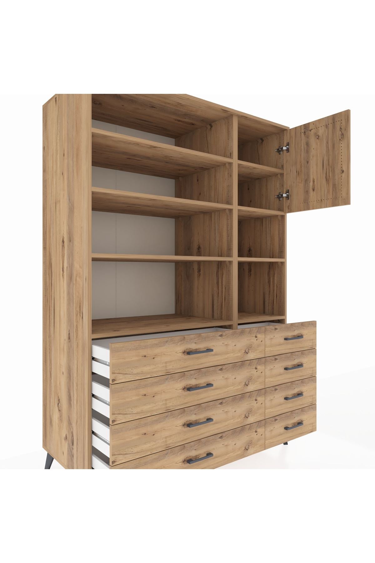 Kronos Dolap 8 Raflı 8 Çekmeceli Tek Kapaklı 132x59x195 Çam-Çam/Çam