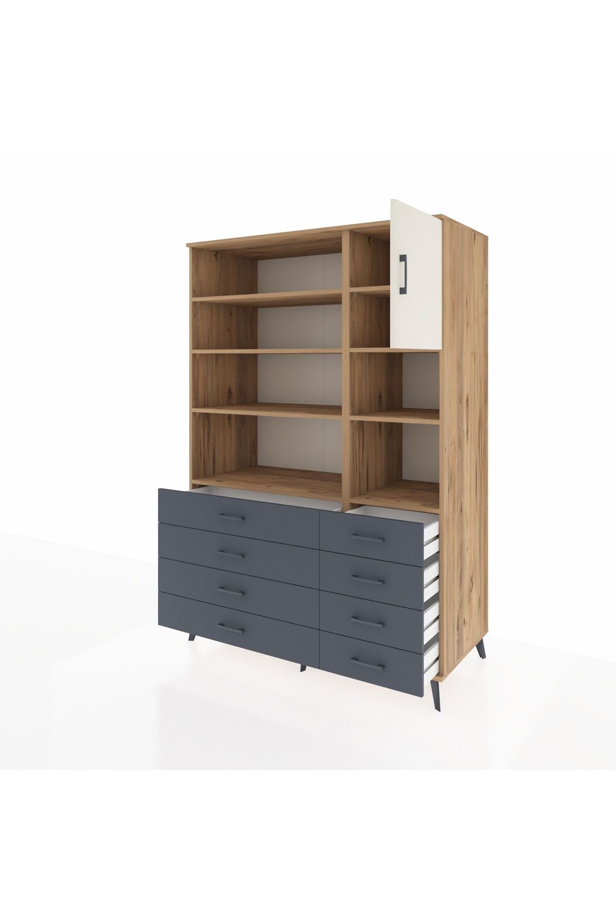 Kronos Dolap 8 Raflı 8 Çekmeceli Tek Kapaklı 132x59x195 Çam-Aytaşı/Antrasit