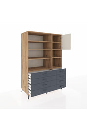 Kronos Dolap 8 Raflı 8 Çekmeceli Tek Kapaklı 132x59x195 Çam-Aytaşı/Antrasit