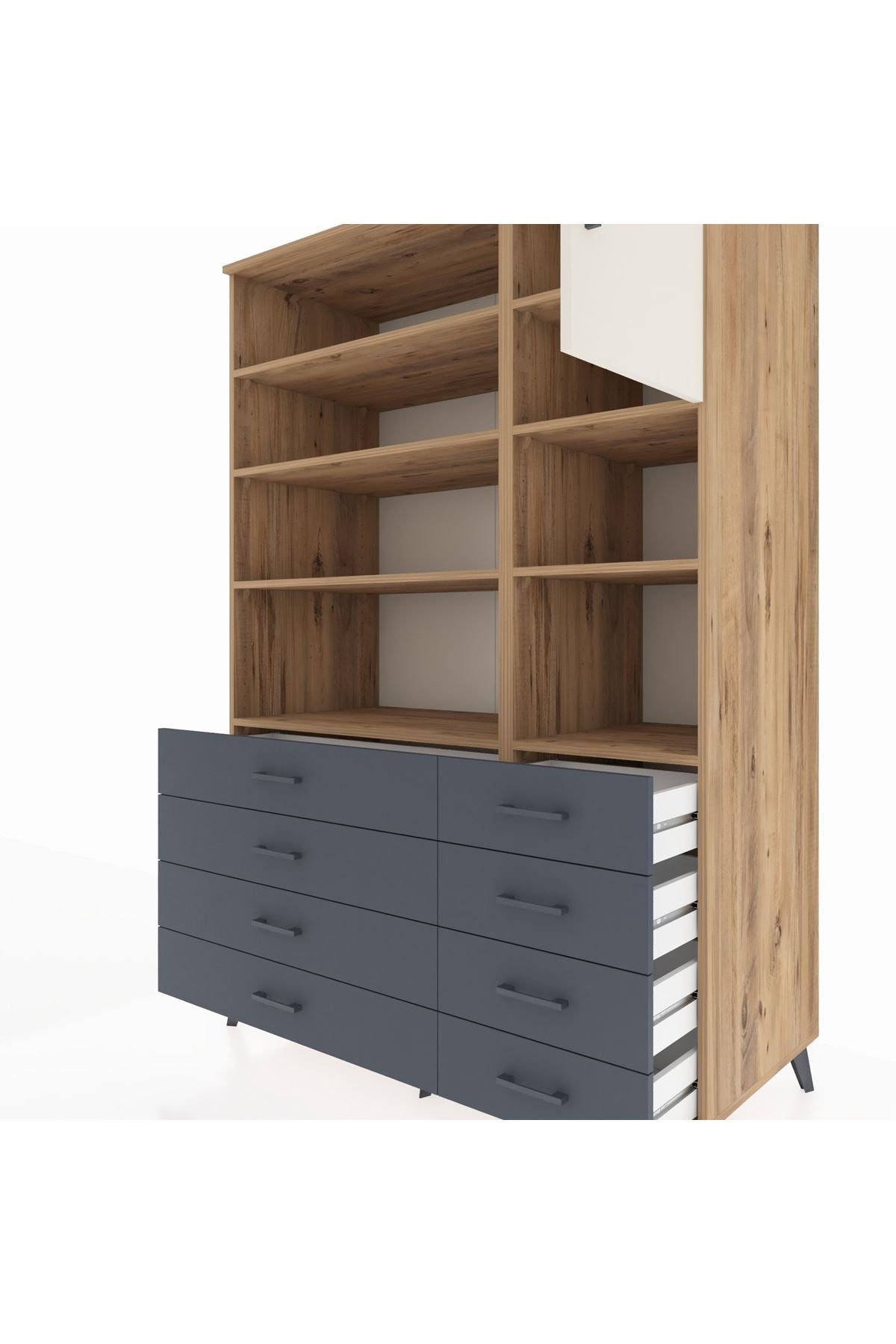 Kronos Dolap 8 Raflı 8 Çekmeceli Tek Kapaklı 132x59x195 Çam-Aytaşı/Antrasit