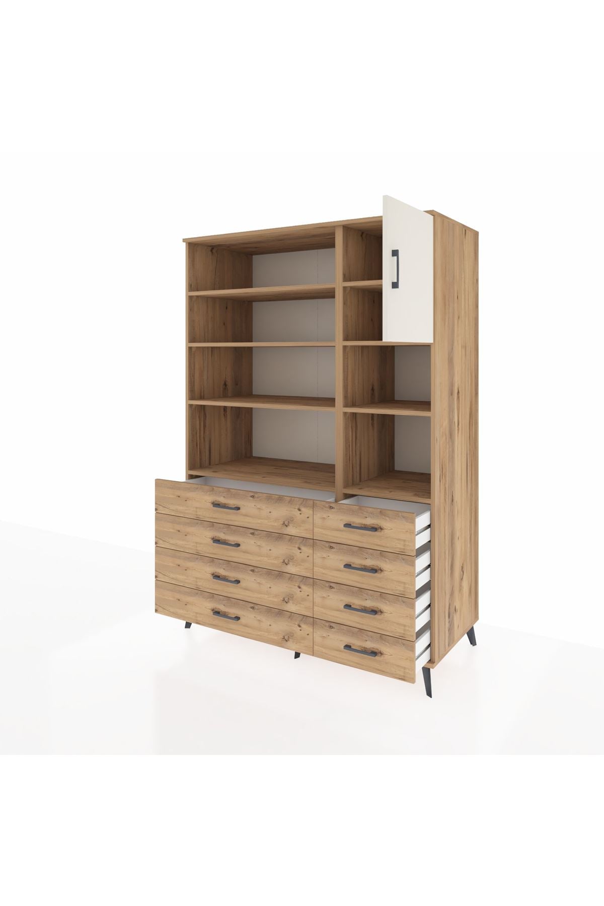 Kronos Dolap 8 Raflı 8 Çekmeceli Tek Kapaklı 132x59x195 Çam-Aytaşı/Çam