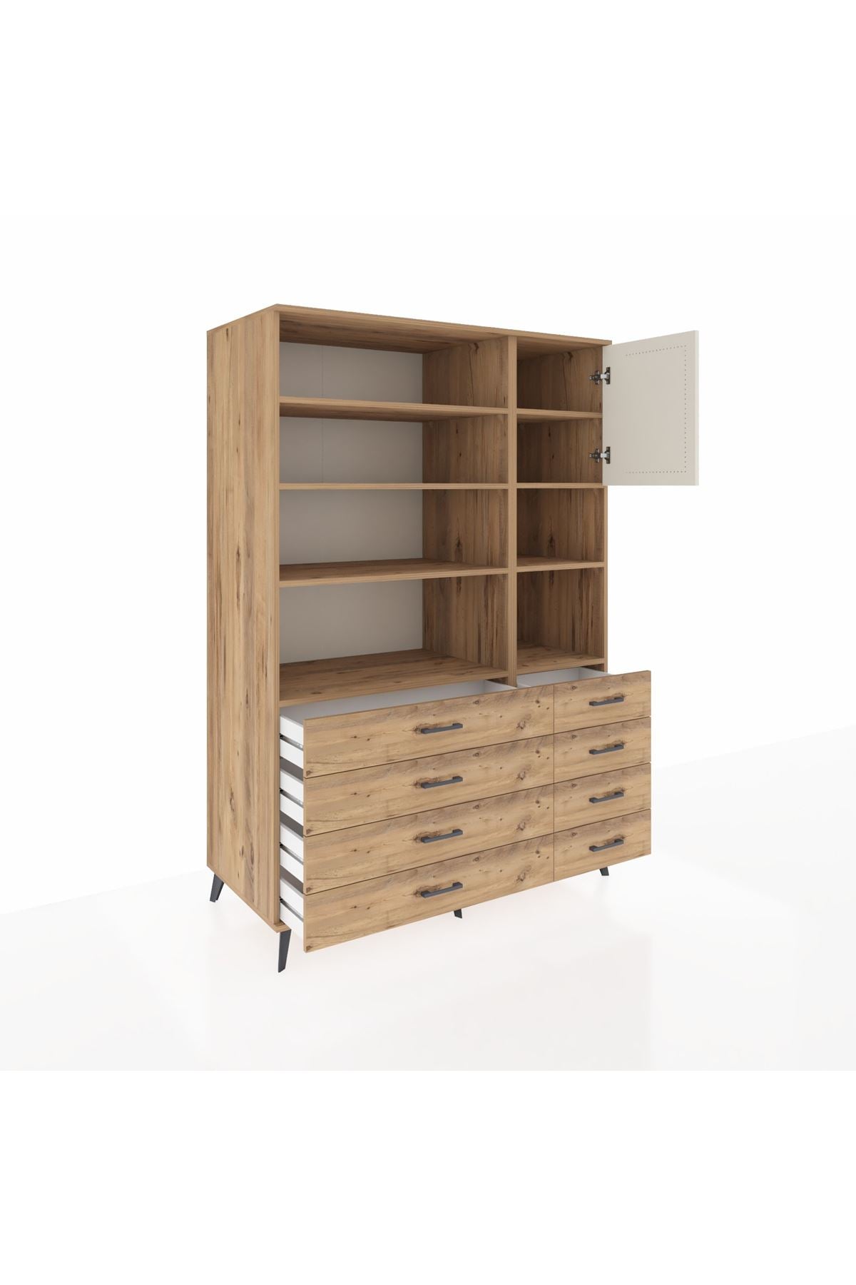Kronos Dolap 8 Raflı 8 Çekmeceli Tek Kapaklı 132x59x195 Çam-Aytaşı/Çam