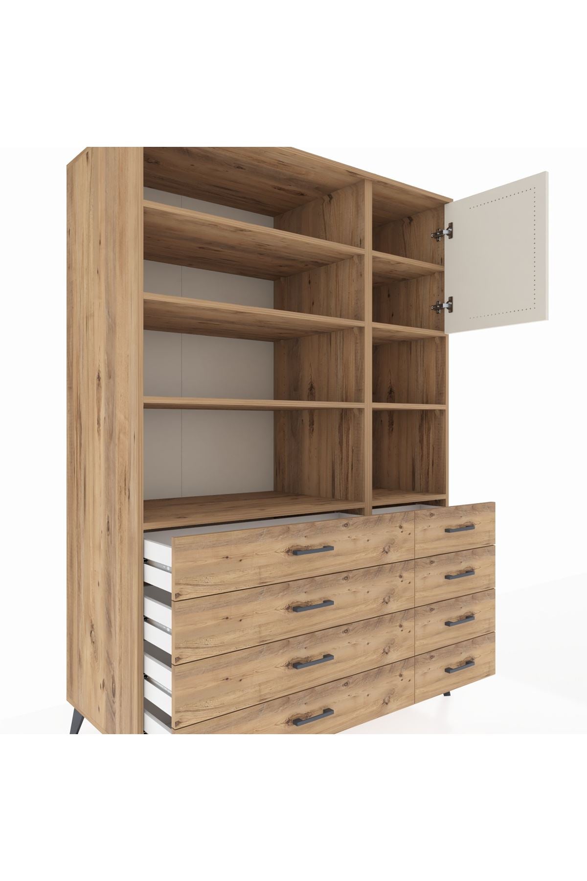 Kronos Dolap 8 Raflı 8 Çekmeceli Tek Kapaklı 132x59x195 Çam-Aytaşı/Çam