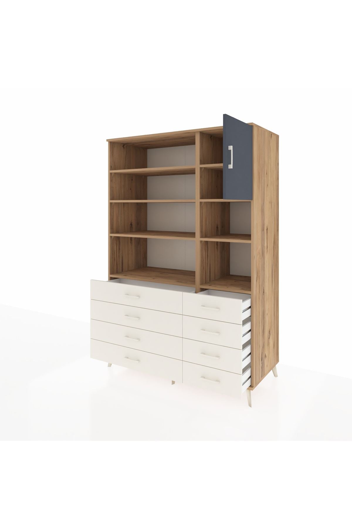 Kronos Dolap 8 Raflı 8 Çekmeceli Tek Kapaklı 132x59x195 Çam-Antrasit/Aytaşı