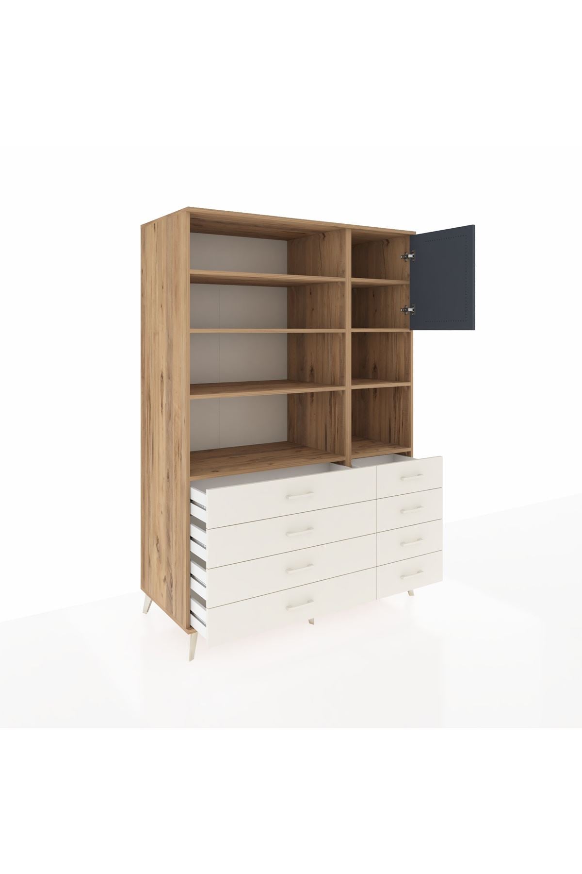 Kronos Dolap 8 Raflı 8 Çekmeceli Tek Kapaklı 132x59x195 Çam-Antrasit/Aytaşı