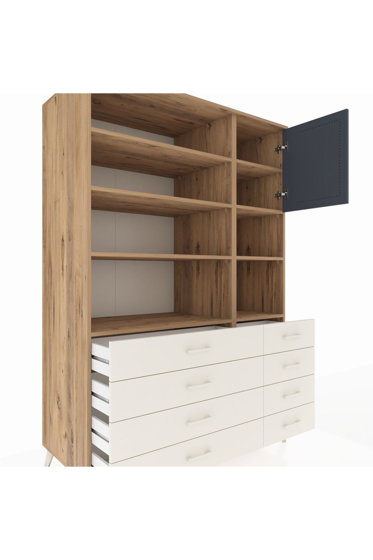 Kronos Dolap 8 Raflı 8 Çekmeceli Tek Kapaklı 132x59x195 Çam-Antrasit/Aytaşı