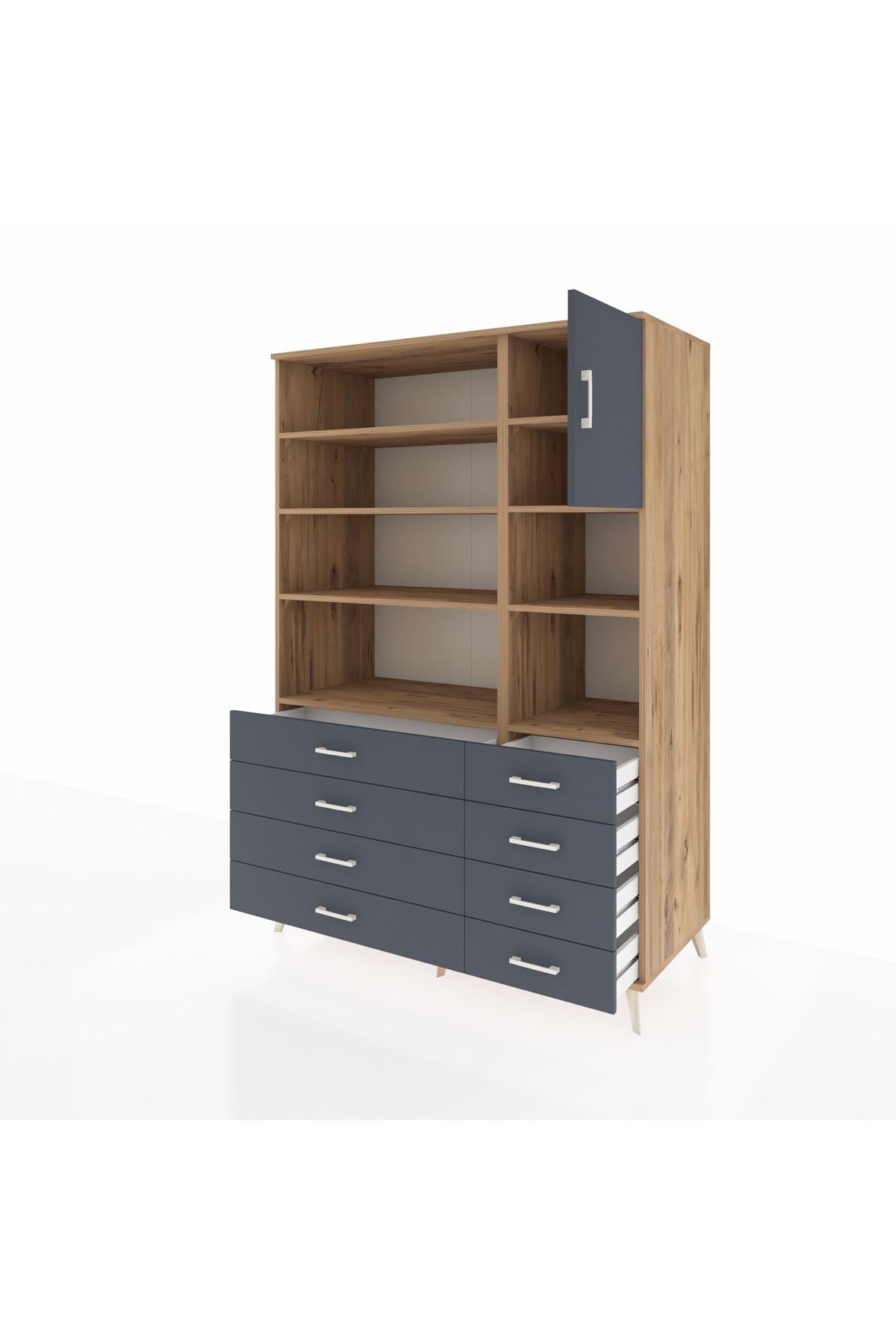 Kronos Dolap 8 Raflı 8 Çekmeceli Tek Kapaklı 132x59x195 Çam-Antrasit/Antrasit