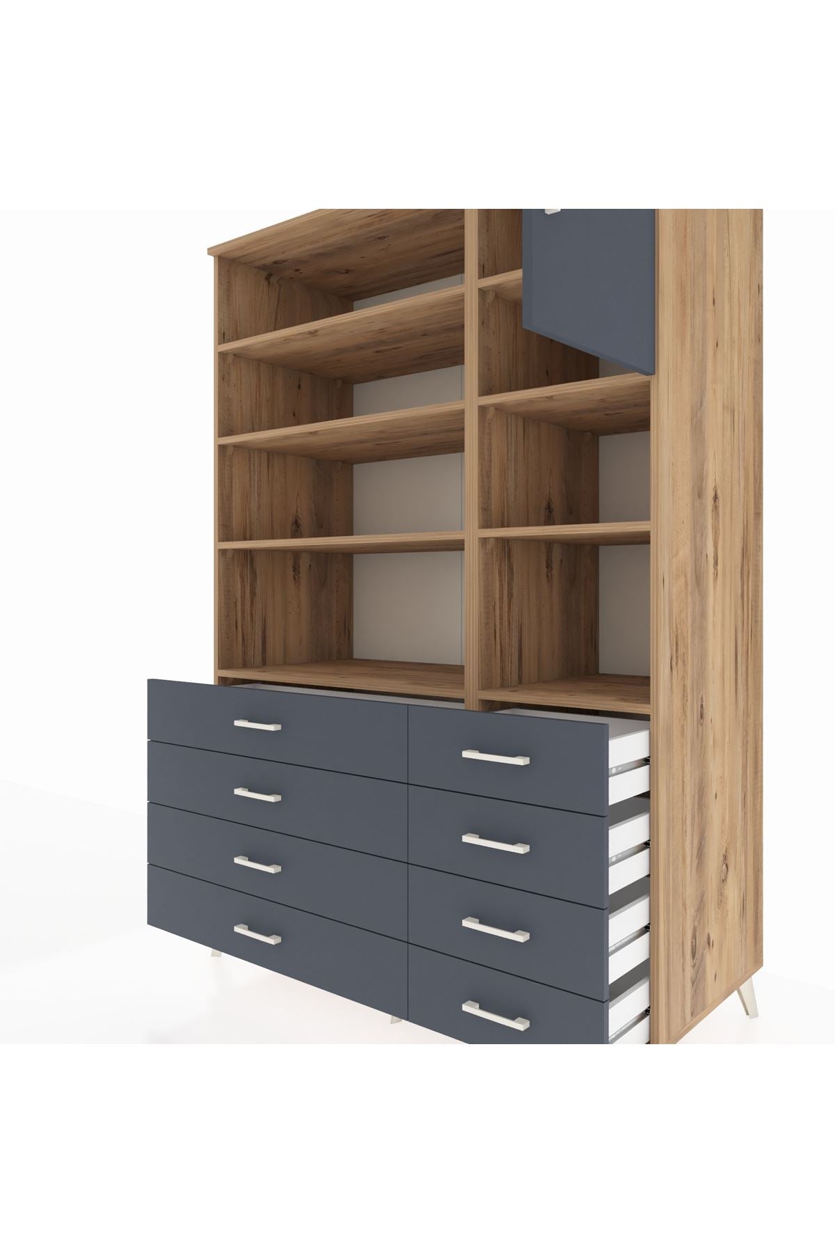 Kronos Dolap 8 Raflı 8 Çekmeceli Tek Kapaklı 132x59x195 Çam-Antrasit/Antrasit