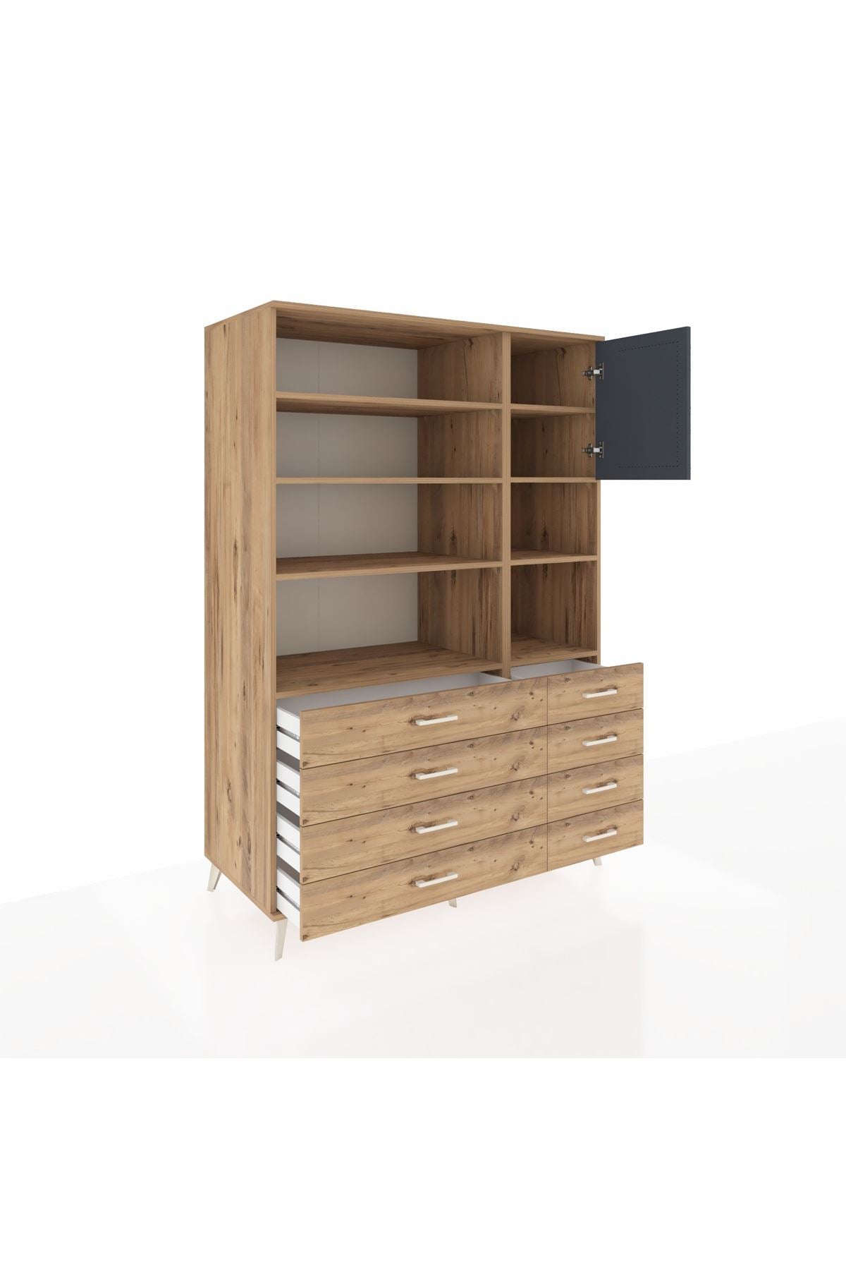 Kronos Dolap 8 Raflı 8 Çekmeceli Tek Kapaklı 132x59x195 Çam-Antrasit/Çam