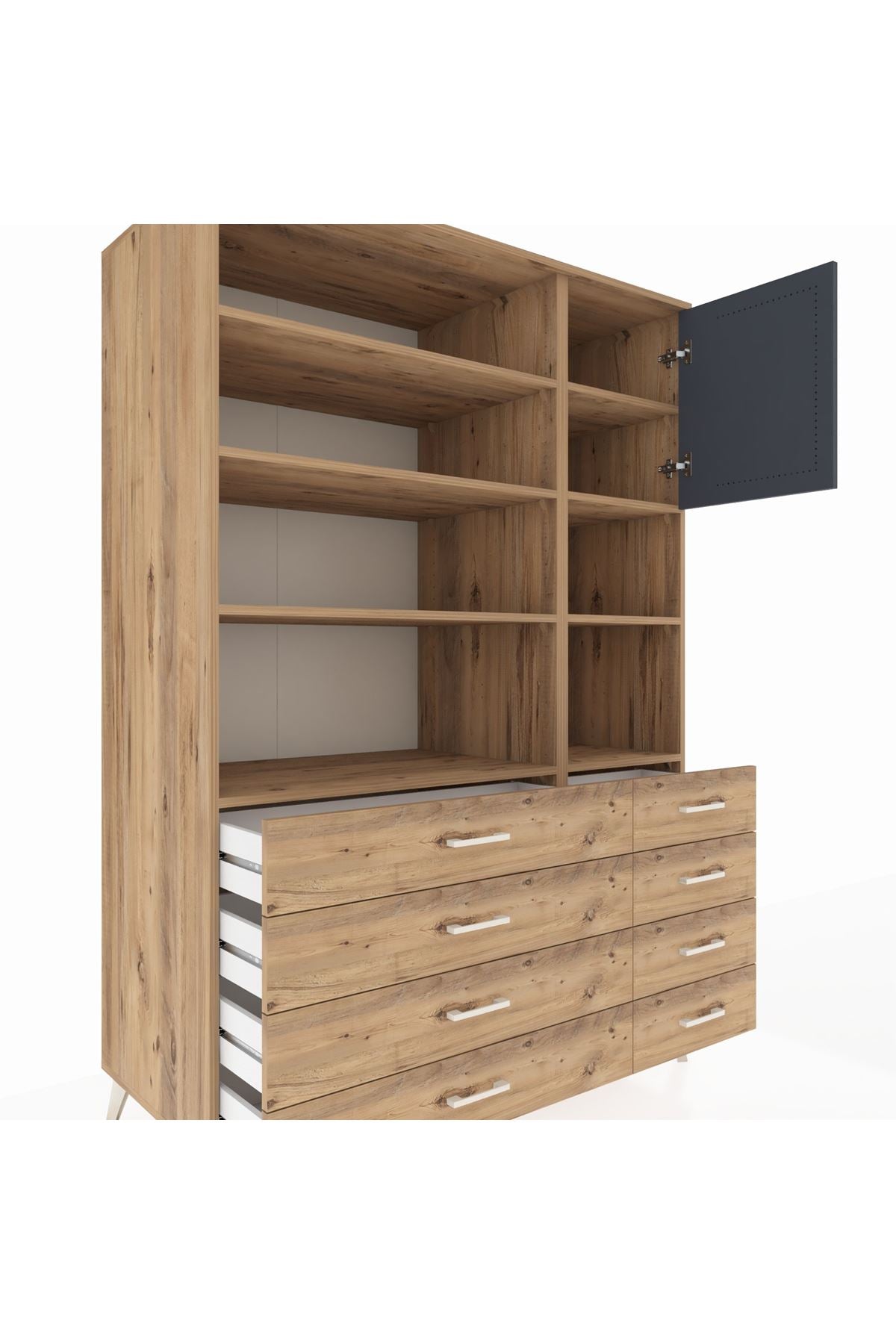 Kronos Dolap 8 Raflı 8 Çekmeceli Tek Kapaklı 132x59x195 Çam-Antrasit/Çam