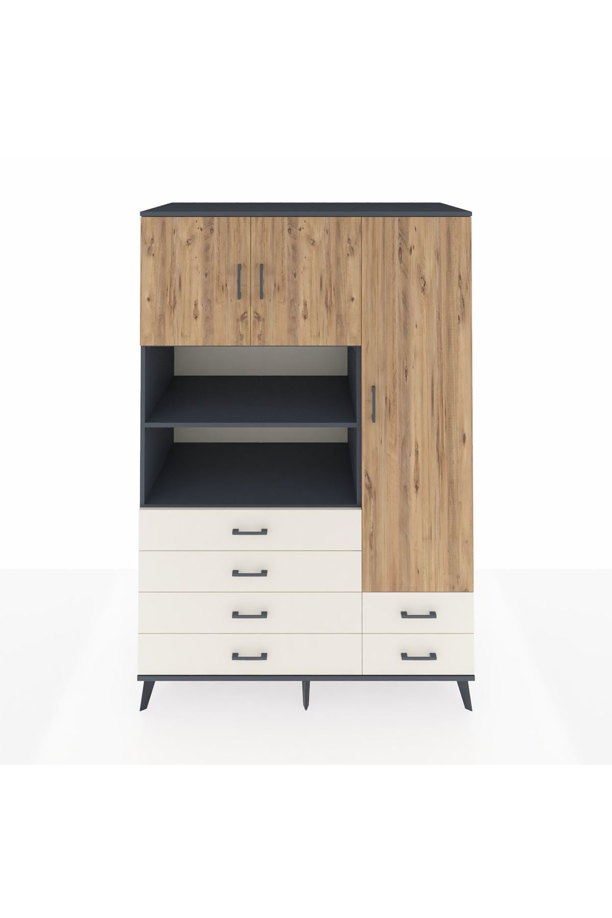 Kronos Dolap 9 Raflı 6 Çekmeceli 3 Kapaklı 132x59x195 Antrasit-Çam/Aytaşı