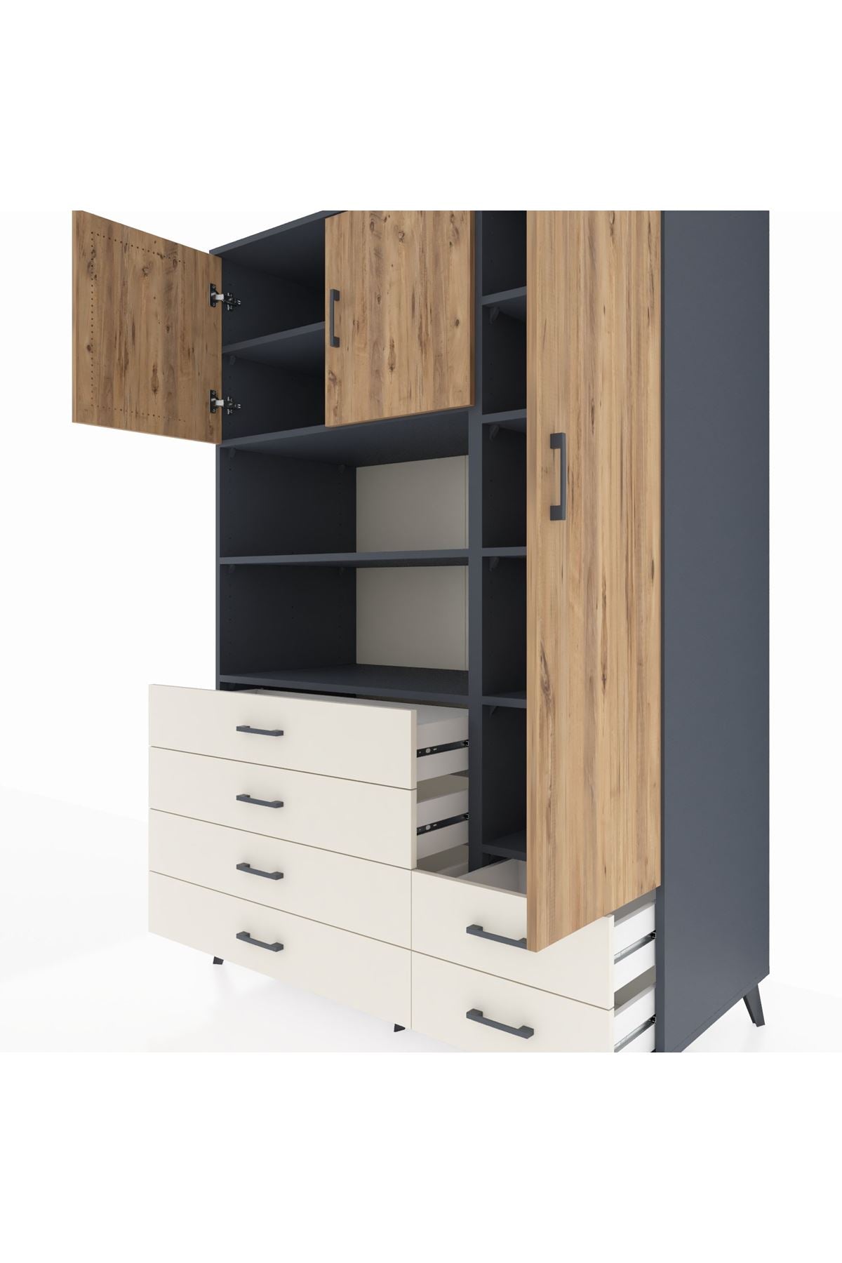 Kronos Dolap 9 Raflı 6 Çekmeceli 3 Kapaklı 132x59x195 Antrasit-Çam/Aytaşı