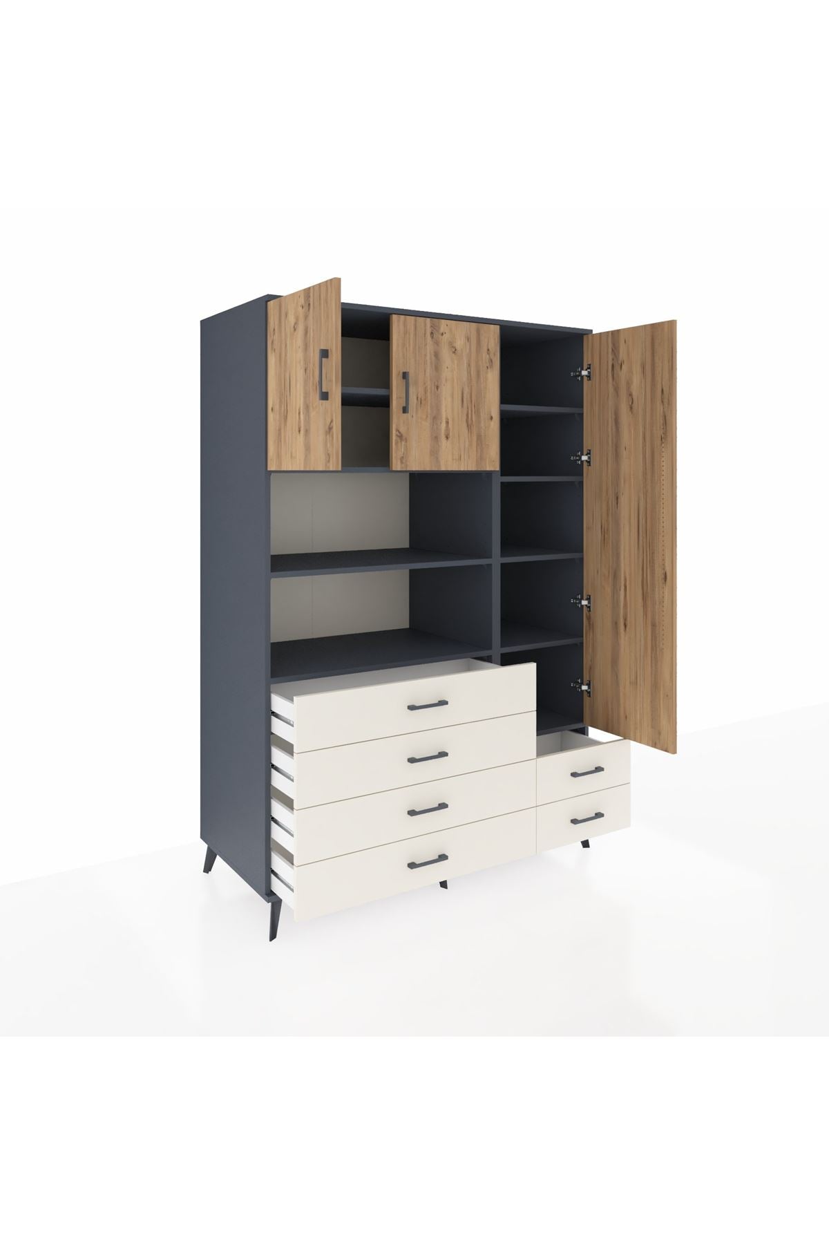 Kronos Dolap 9 Raflı 6 Çekmeceli 3 Kapaklı 132x59x195 Antrasit-Çam/Aytaşı