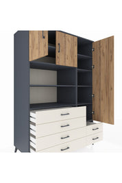 Kronos Dolap 9 Raflı 6 Çekmeceli 3 Kapaklı 132x59x195 Antrasit-Çam/Aytaşı