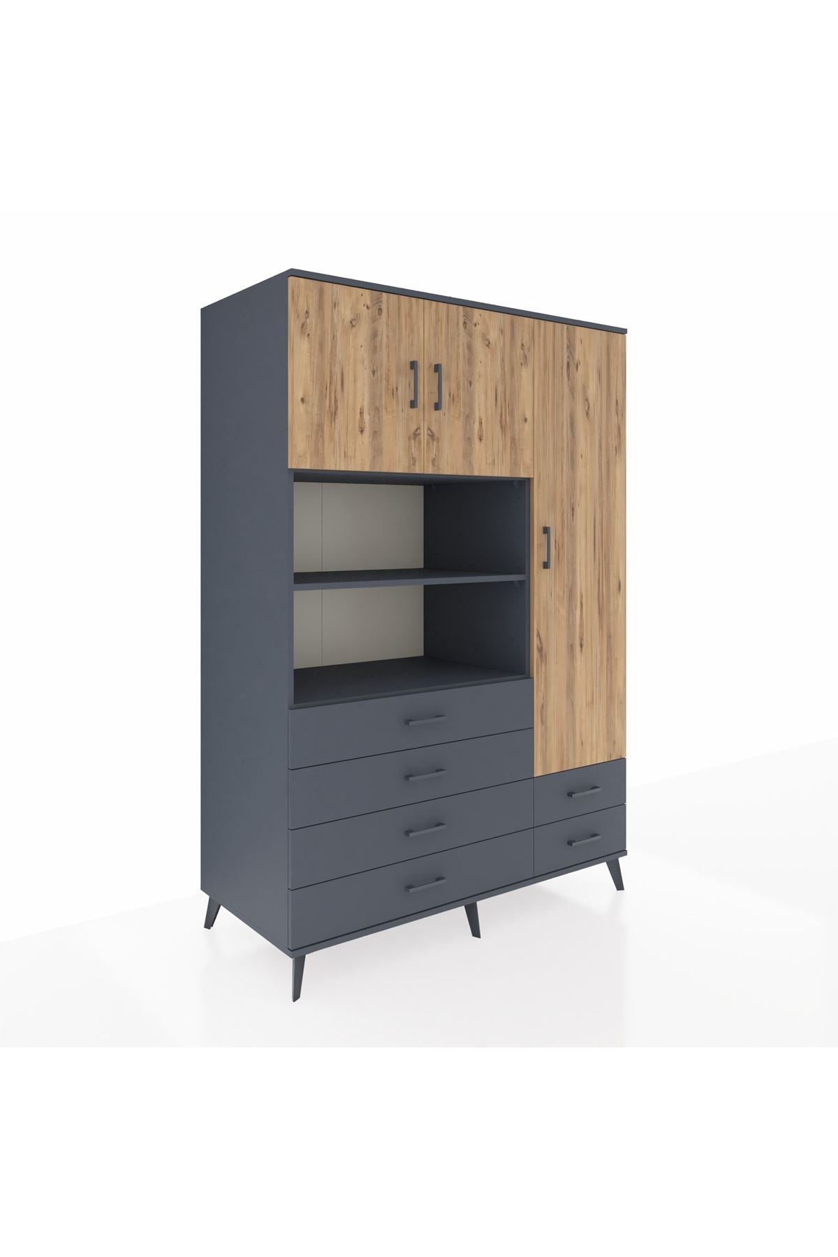 Kronos Dolap 9 Raflı 6 Çekmeceli 3 Kapaklı 132x59x195 Antrasit-Çam/Antrasit