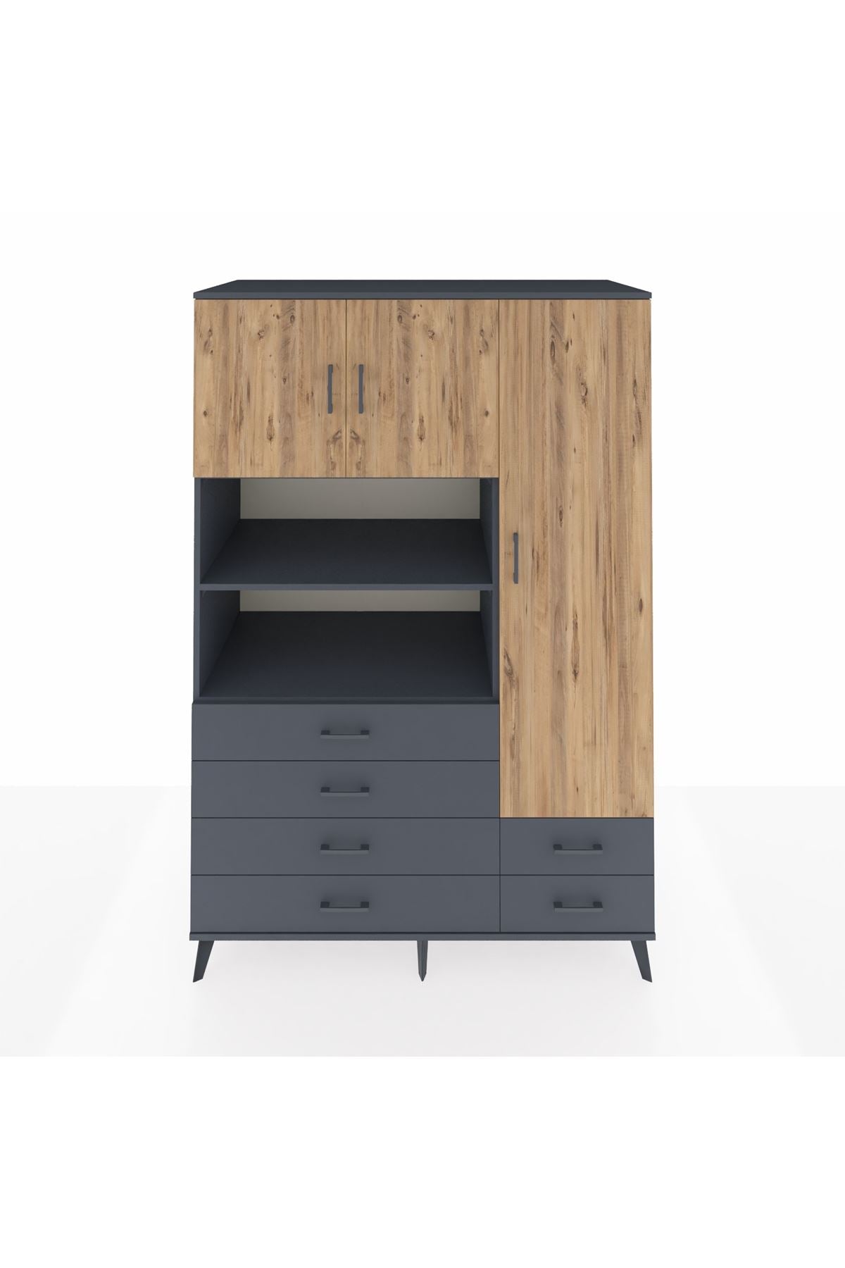 Kronos Dolap 9 Raflı 6 Çekmeceli 3 Kapaklı 132x59x195 Antrasit-Çam/Antrasit