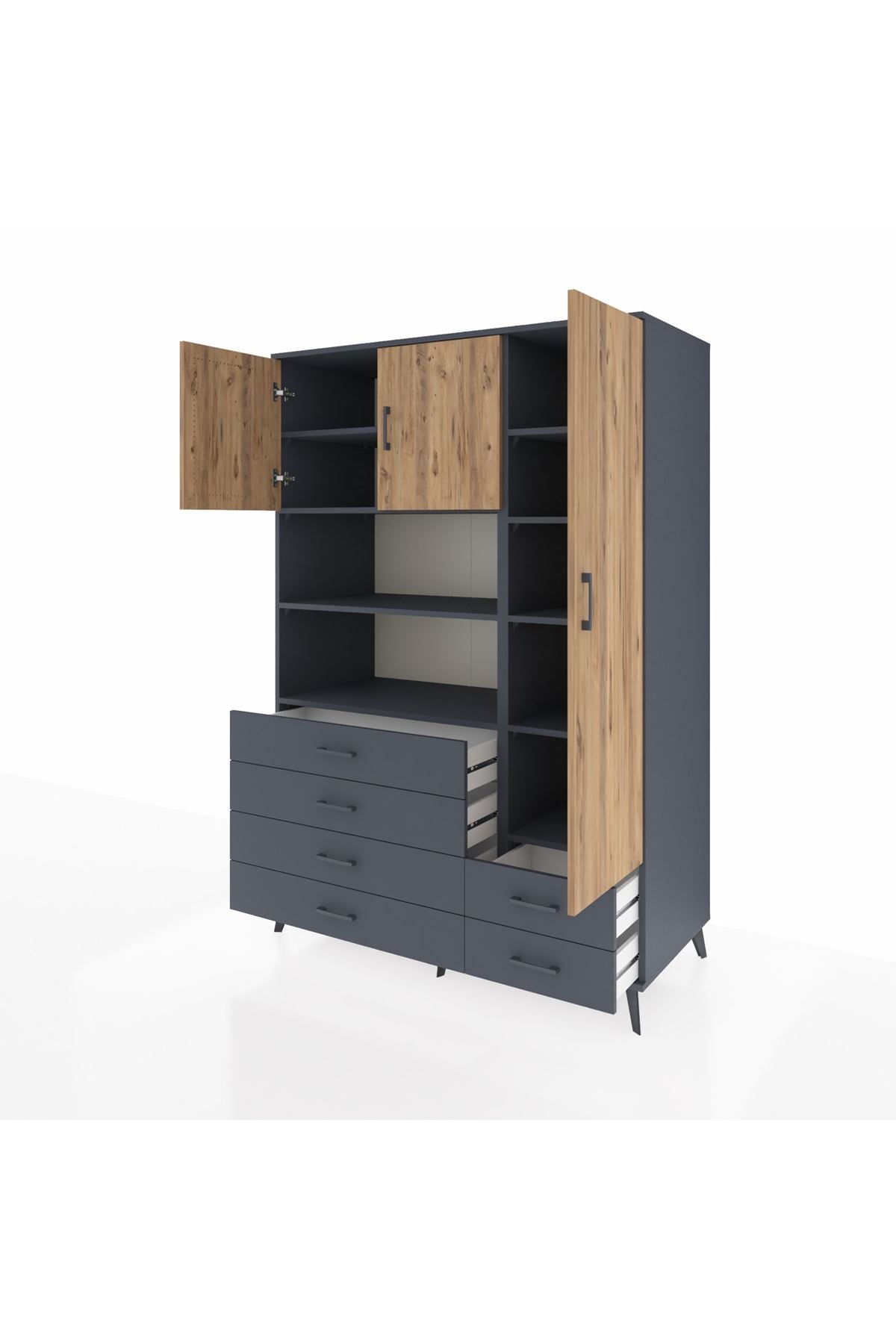 Kronos Dolap 9 Raflı 6 Çekmeceli 3 Kapaklı 132x59x195 Antrasit-Çam/Antrasit