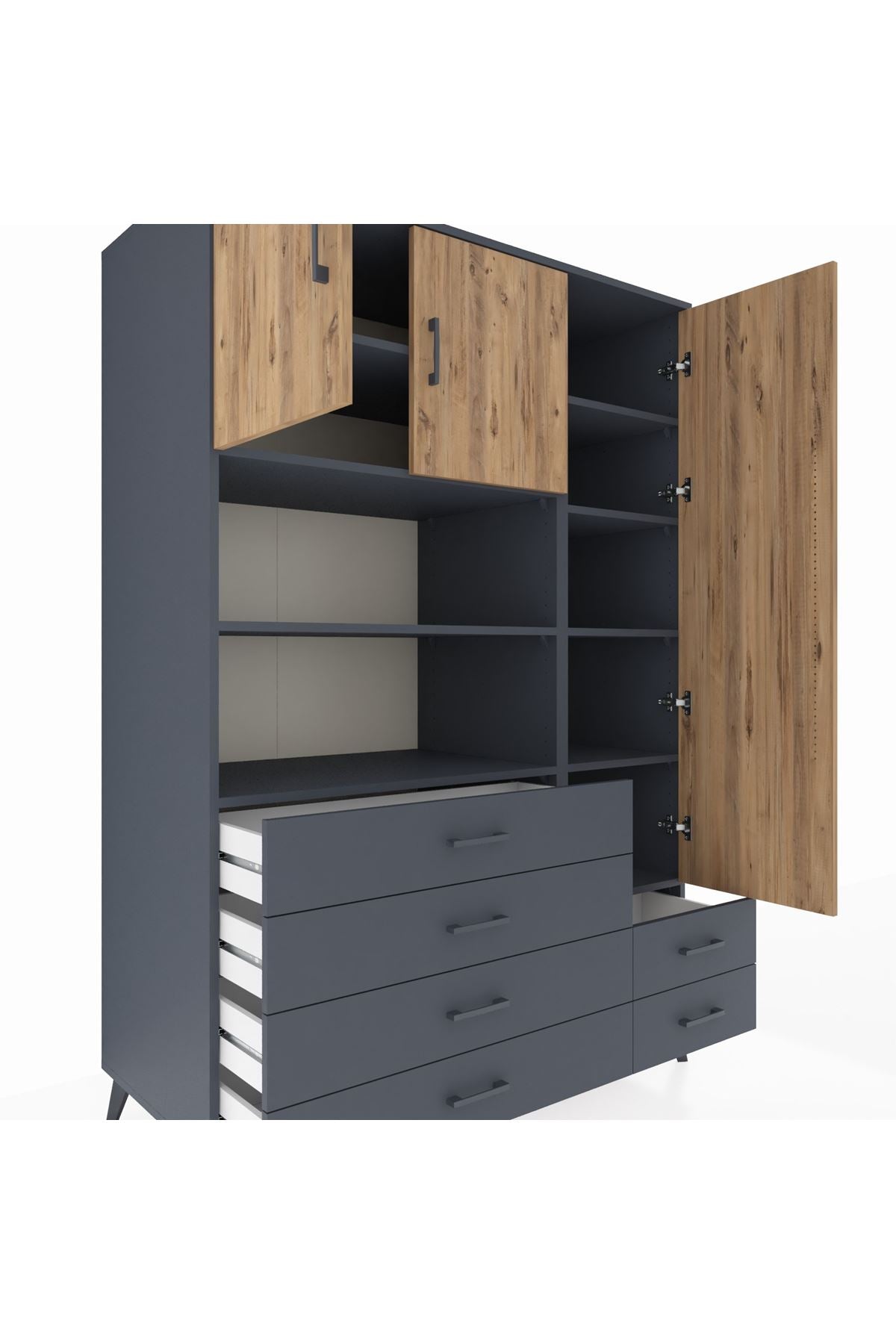 Kronos Dolap 9 Raflı 6 Çekmeceli 3 Kapaklı 132x59x195 Antrasit-Çam/Antrasit
