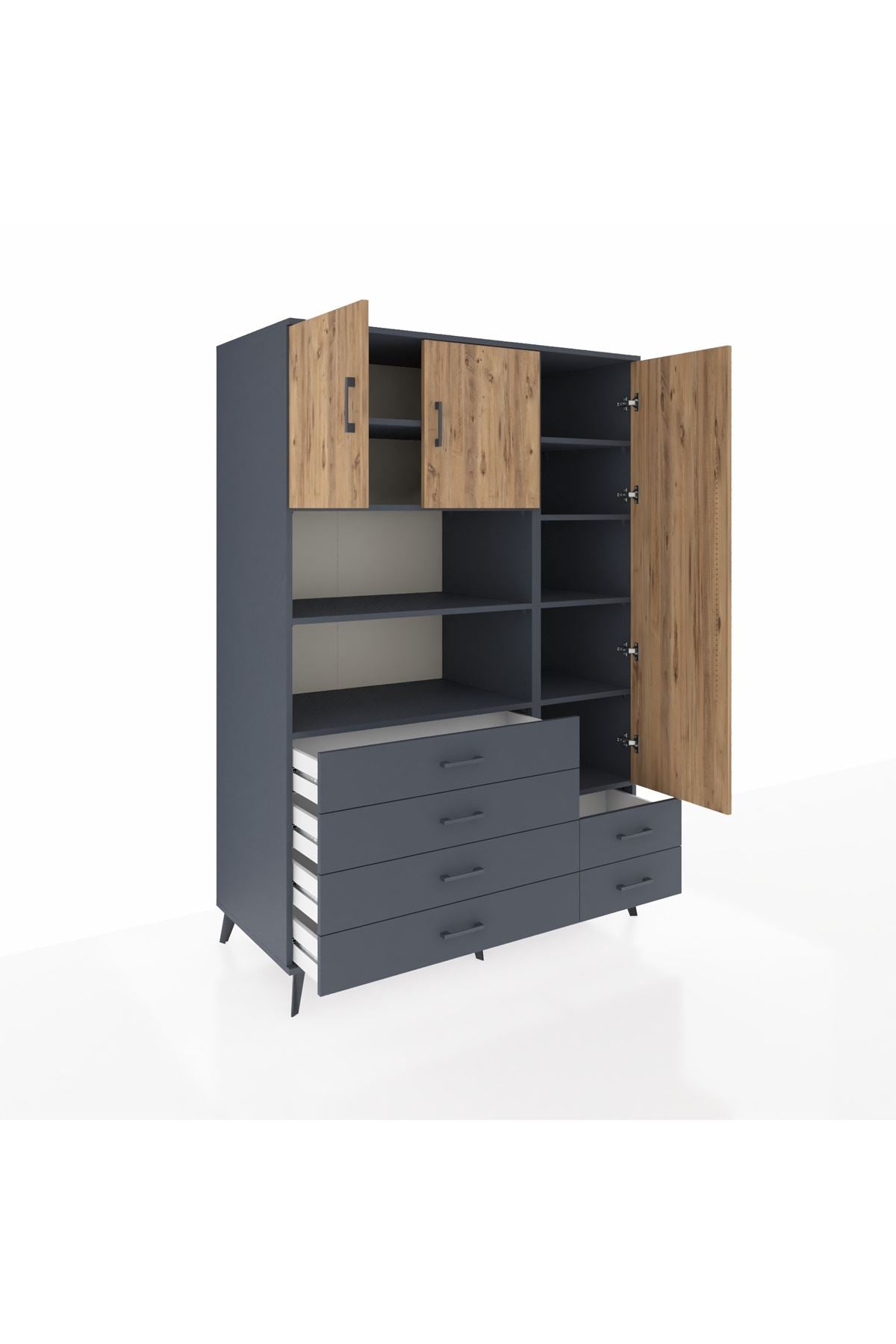 Kronos Dolap 9 Raflı 6 Çekmeceli 3 Kapaklı 132x59x195 Antrasit-Çam/Antrasit
